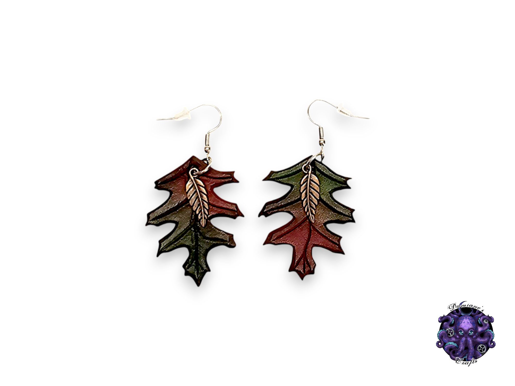 Earrings, Real leather, hook, Oak leaf, Fall, Autumn, colorful, boho, nature, forest, cottagecore, fairycore