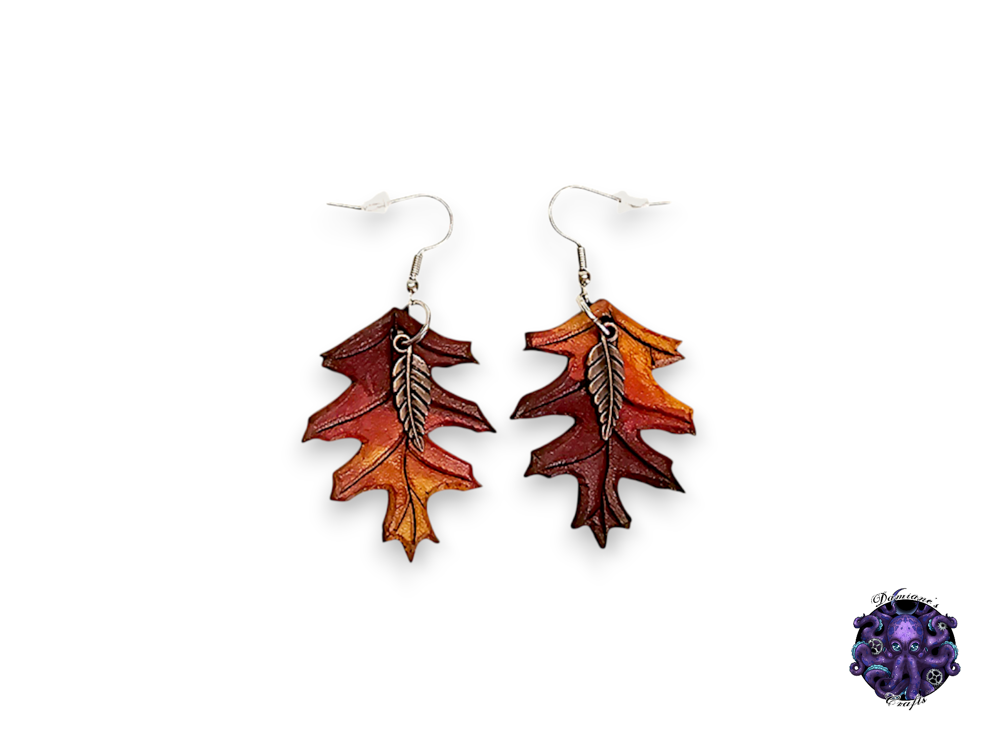 Earrings, Real leather, hook, Oak leaf, Fall, Autumn, colorful, boho, nature, forest, cottagecore, fairycore