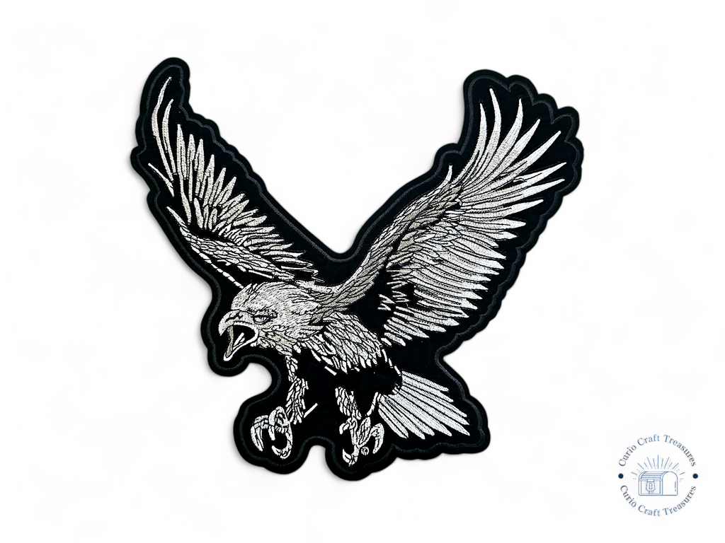 Large, Back, Embroided Patch, Iron on, Glue, Craft supply, Embroidery, Fabric, Eagle, Bald eagle, black, white, gray