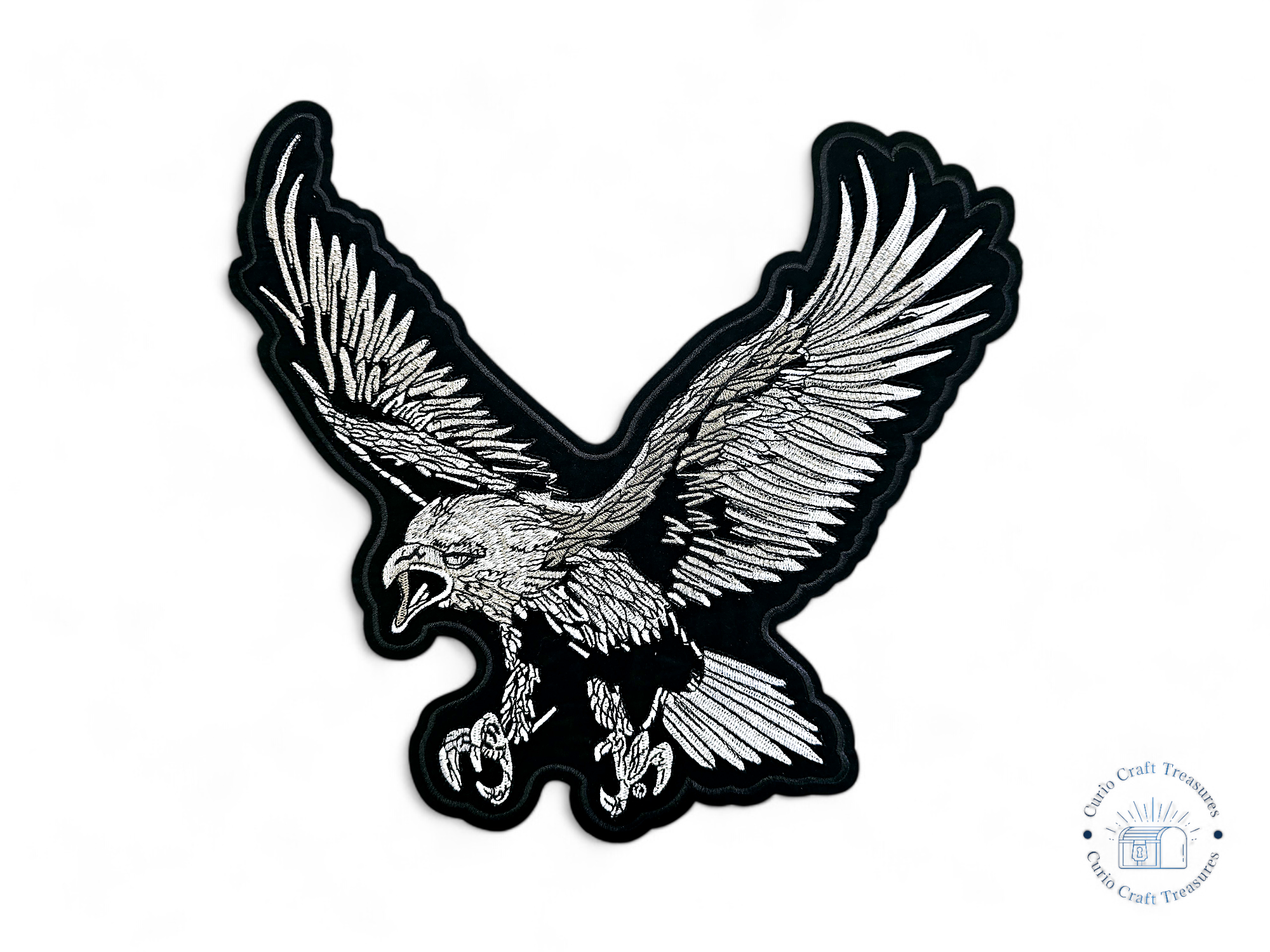 Large, Back, Embroided Patch, Iron on, Glue, Craft supply, Embroidery, Fabric, Eagle, Bald eagle, black, white, gray