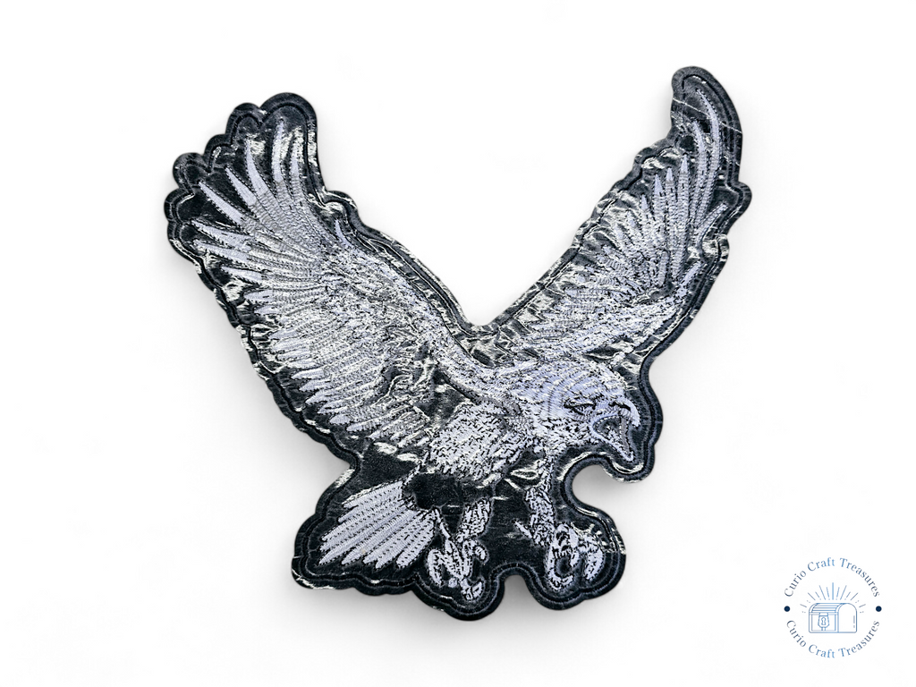 Large, Back, Embroided Patch, Iron on, Glue, Craft supply, Embroidery, Fabric, Eagle, Bald eagle, black, white, gray