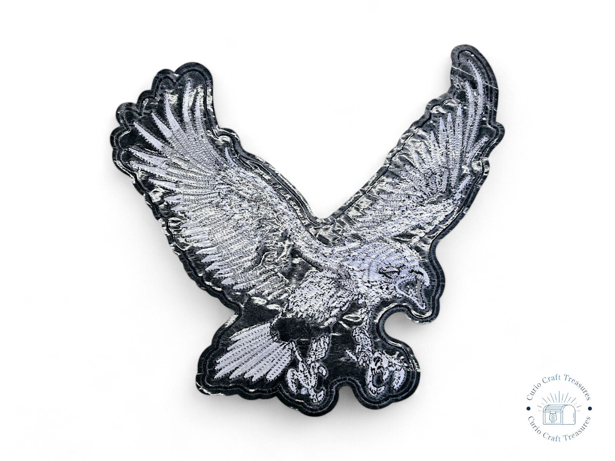 Large, Back, Embroided Patch, Iron on, Glue, Craft supply, Embroidery, Fabric, Eagle, Bald eagle, black, white, gray
