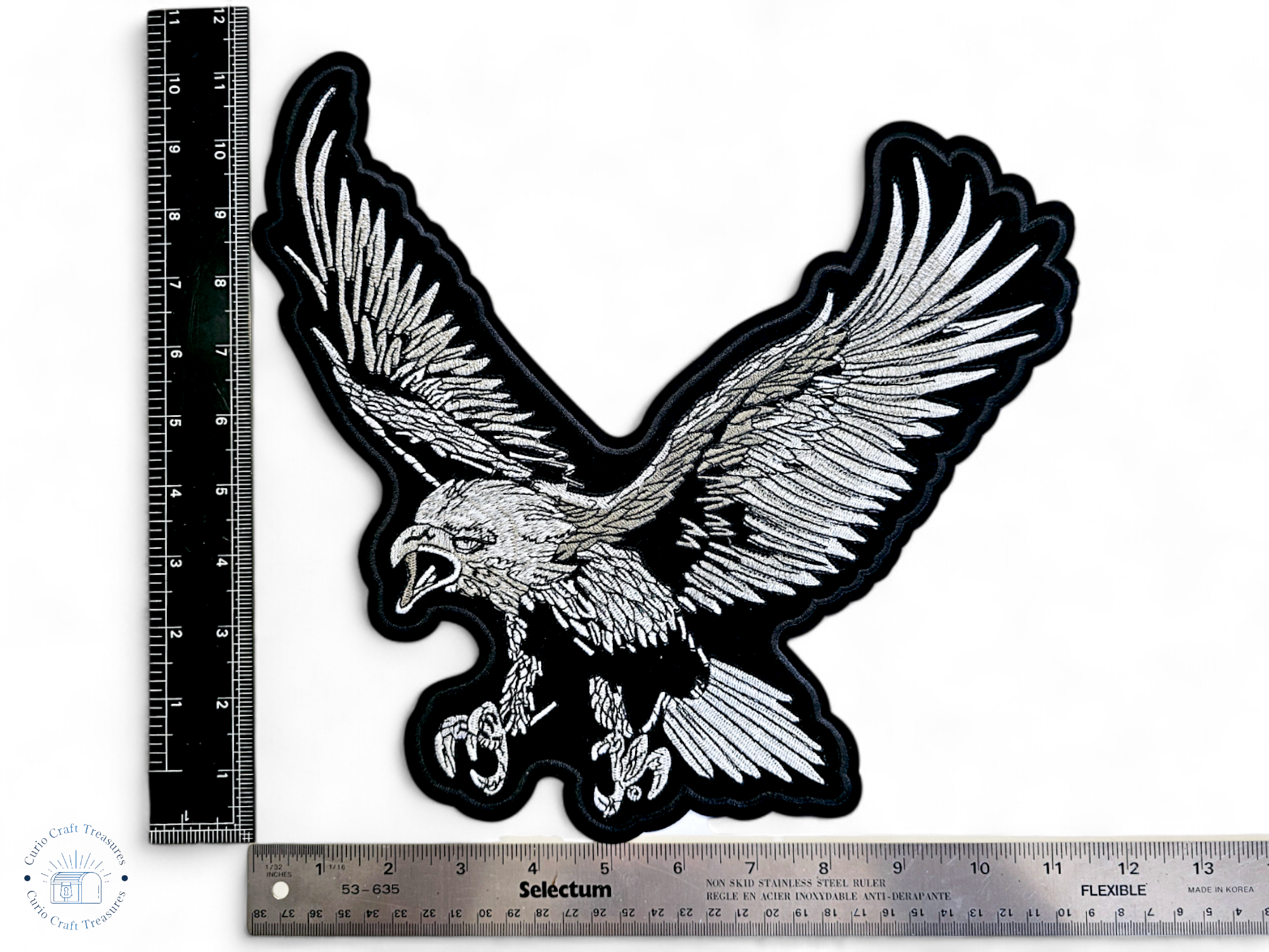 Large, Back, Embroided Patch, Iron on, Glue, Craft supply, Embroidery, Fabric, Eagle, Bald eagle, black, white, gray