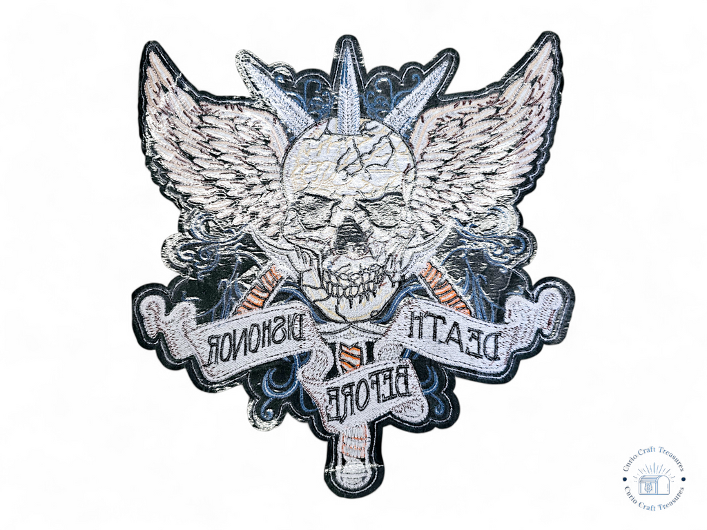 Grand écusson brodé au dos, thermocollant, à coller, pour loisirs créatifs, broderie, tissu, crâne, poignard, ailes, la mort plutôt que le déshonneur