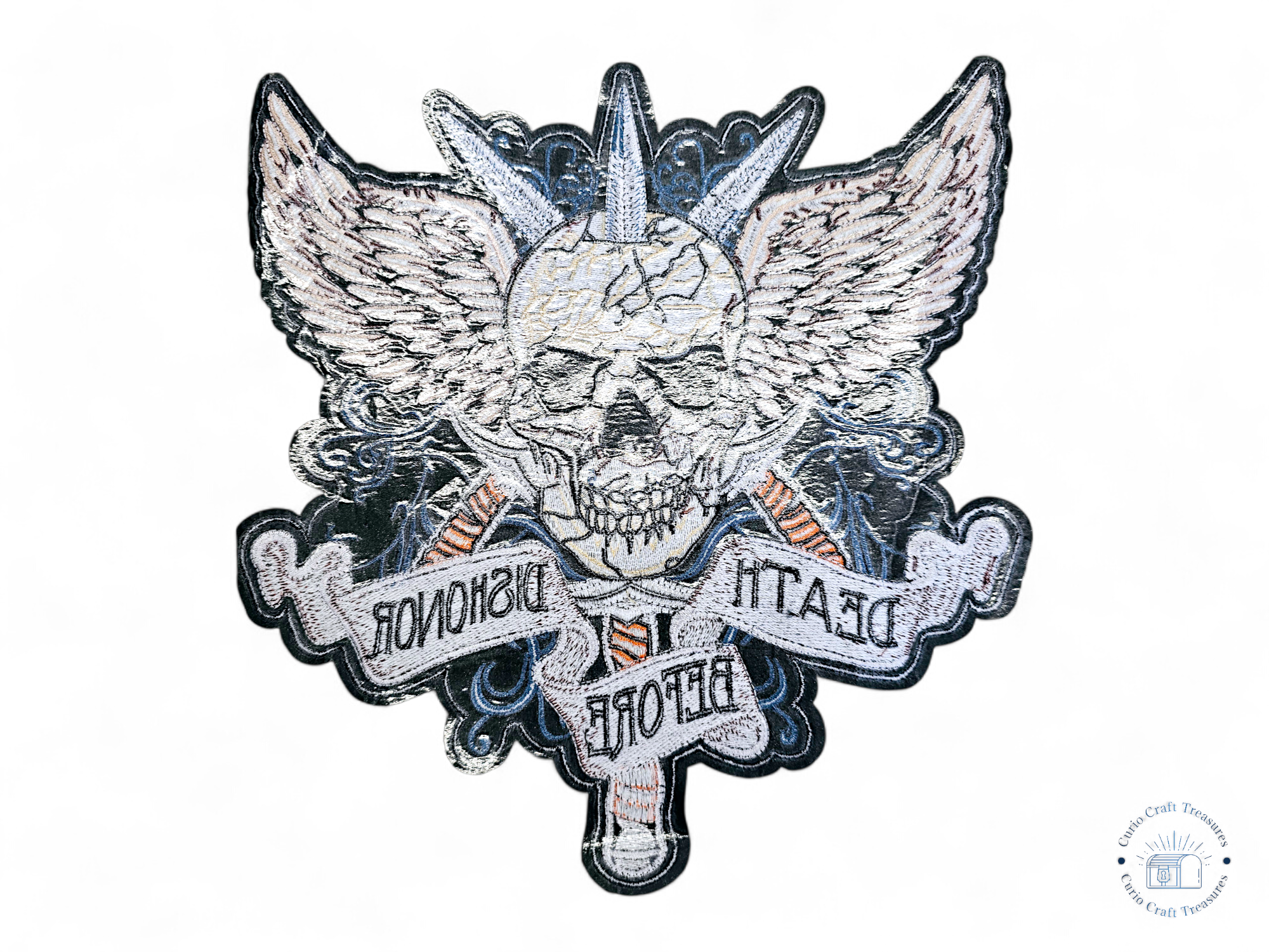 Large, Back, Embroided Patch, Iron on, Glue, Craft supply, Embroidery, Fabric, Skull, dagger, wings, death before dishonor