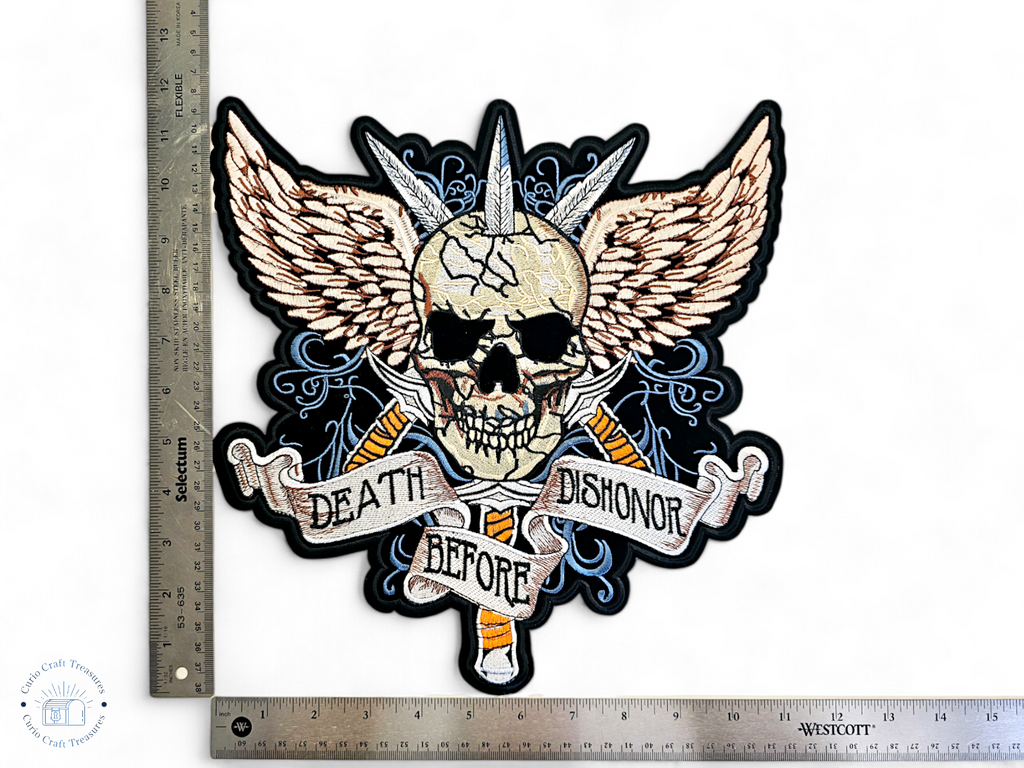 Grand écusson brodé au dos, thermocollant, à coller, pour loisirs créatifs, broderie, tissu, crâne, poignard, ailes, la mort plutôt que le déshonneur