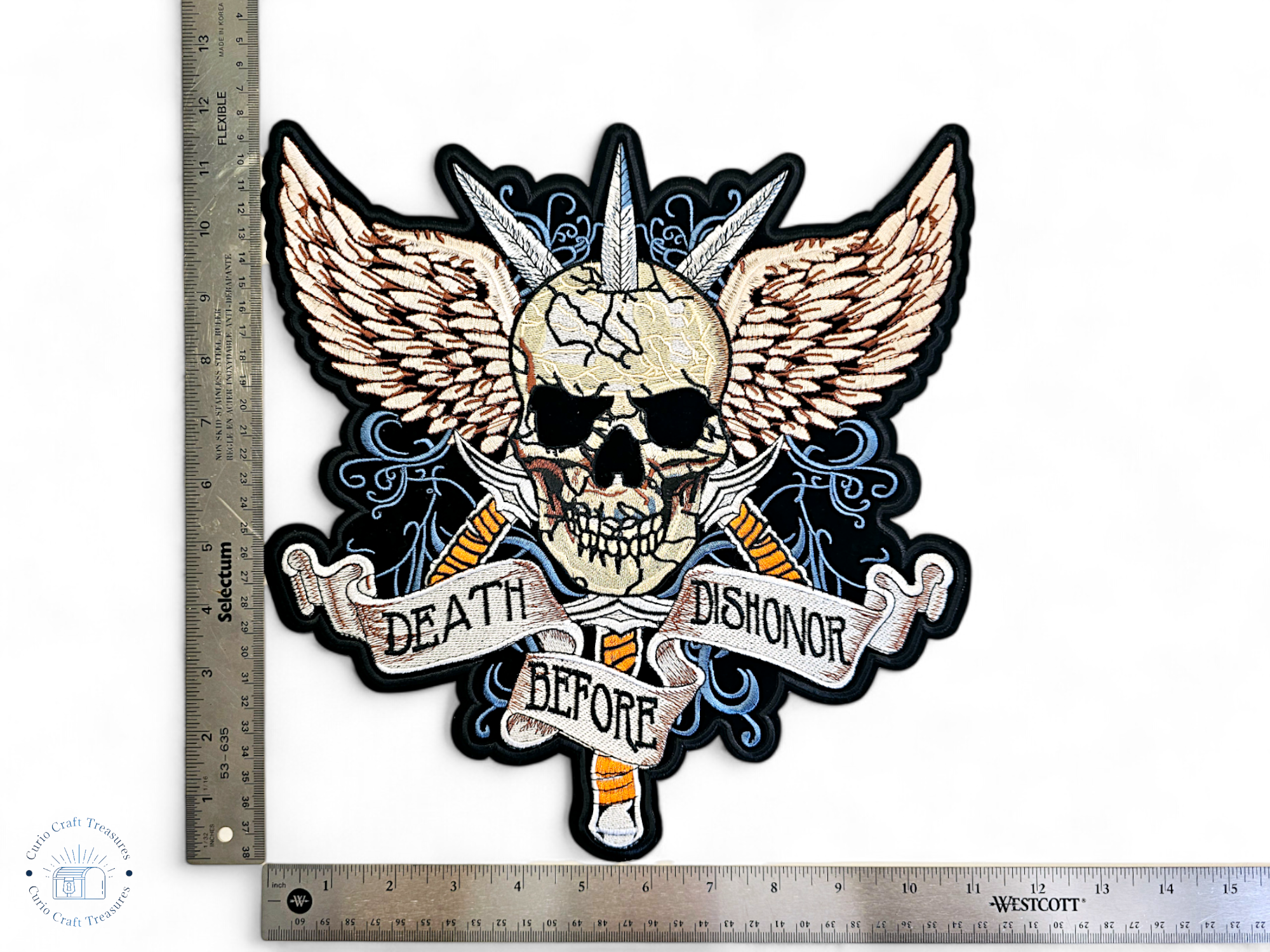 Grand écusson brodé au dos, thermocollant, à coller, pour loisirs créatifs, broderie, tissu, crâne, poignard, ailes, la mort plutôt que le déshonneur