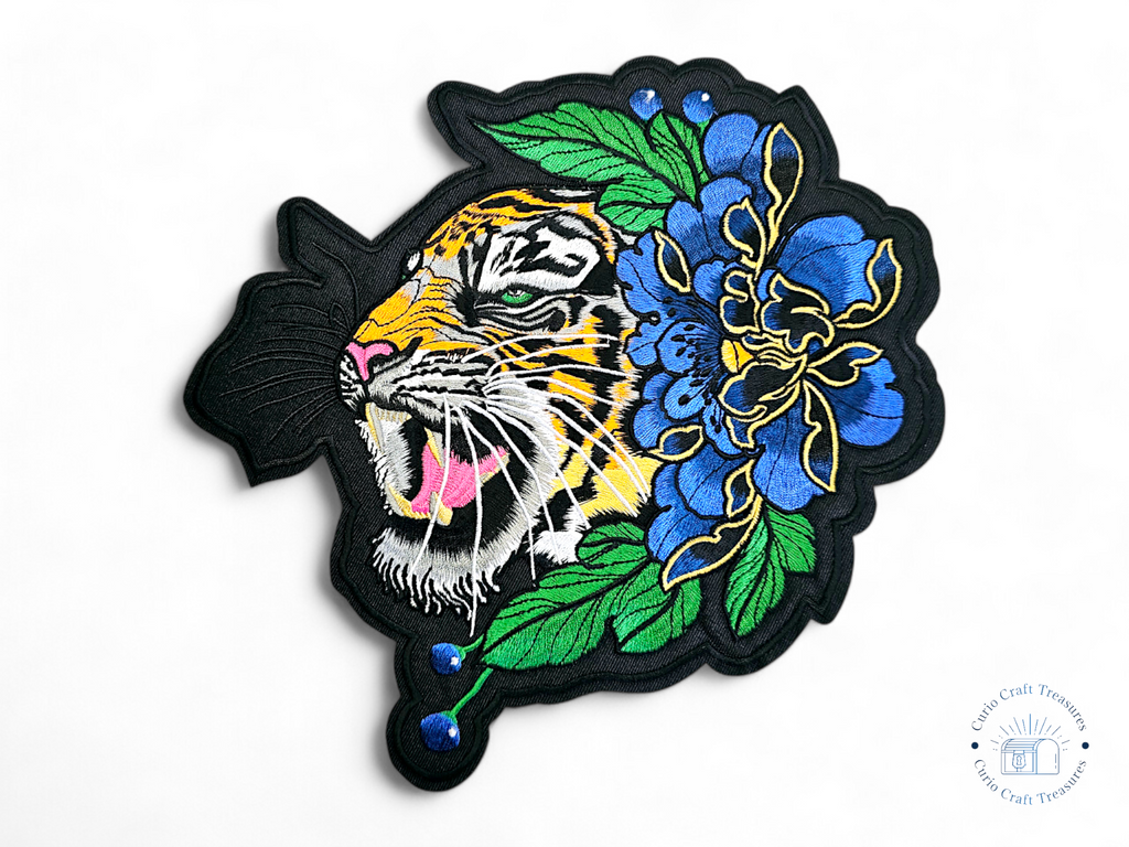 Large, Back, Embroided Patch, Iron on, Glue, Craft supply, Embroidery, Fabric, Cat, animal, Tiger, peony, flower, floral, colorful