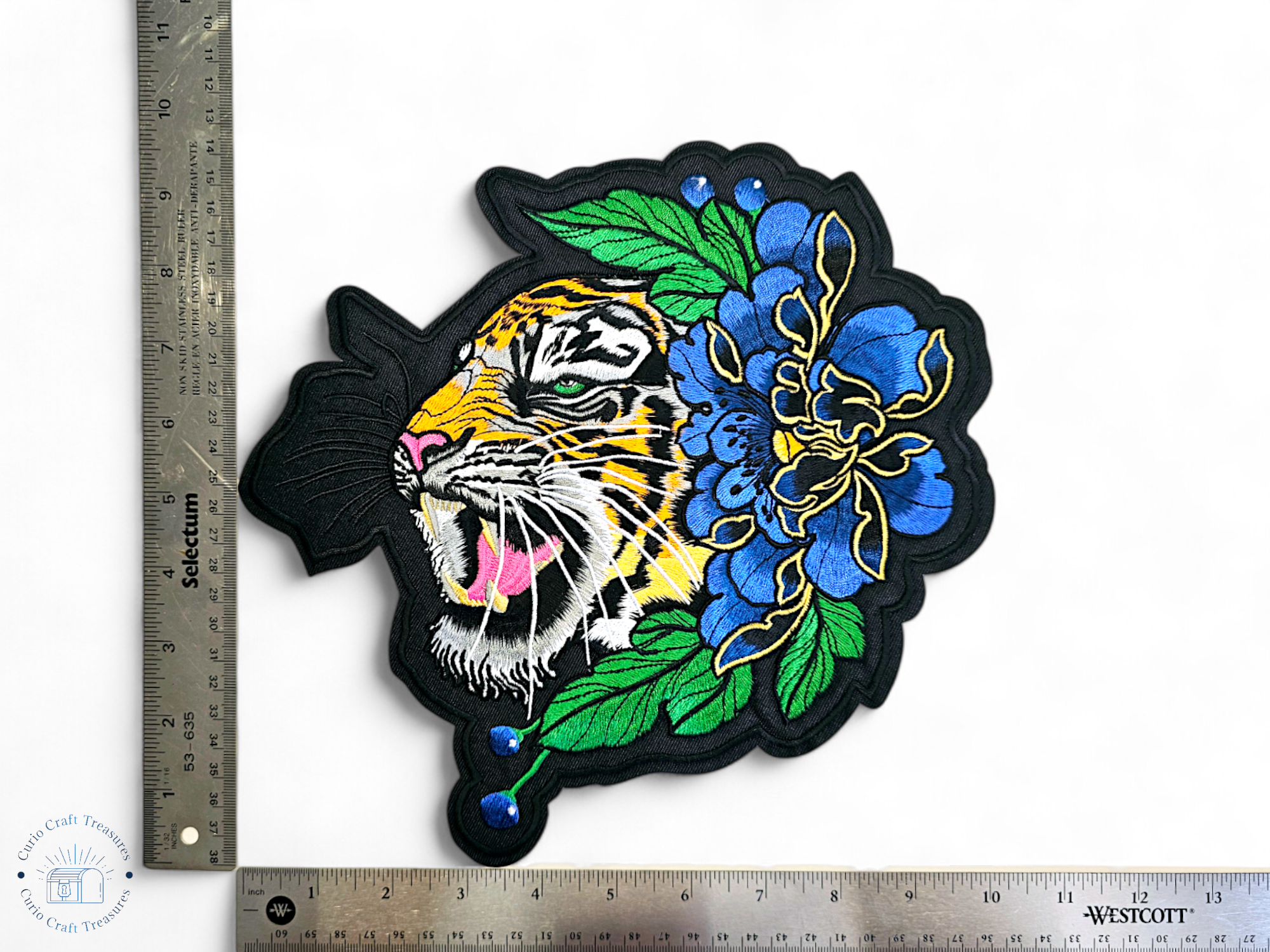 Large, Back, Embroided Patch, Iron on, Glue, Craft supply, Embroidery, Fabric, Cat, animal, Tiger, peony, flower, floral, colorful