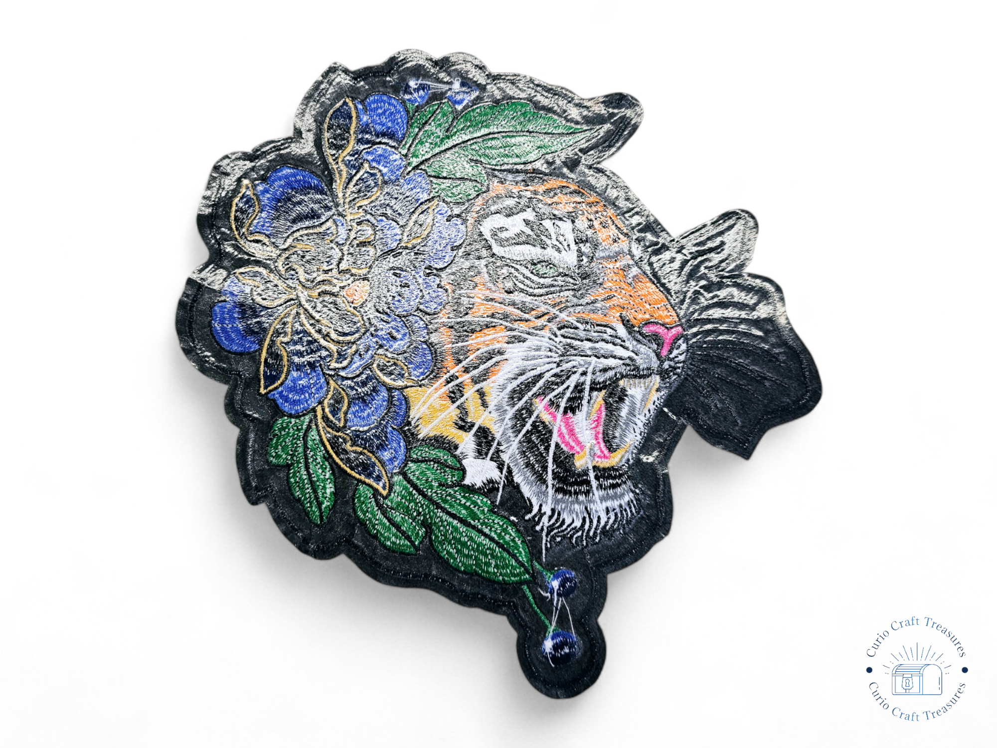 Large, Back, Embroided Patch, Iron on, Glue, Craft supply, Embroidery, Fabric, Cat, animal, Tiger, peony, flower, floral, colorful