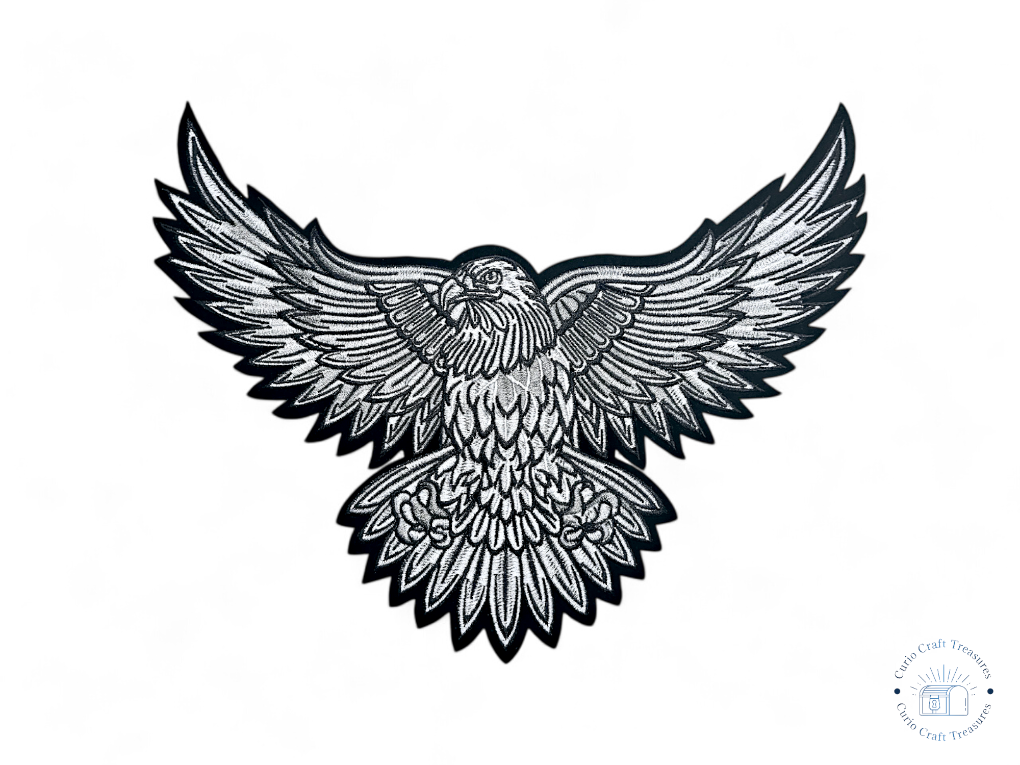 Large, Back, Embroided Patch, Iron on, Glue, Craft supply, Embroidery, Fabric, Eagle, Bald eagle, black, white, gray