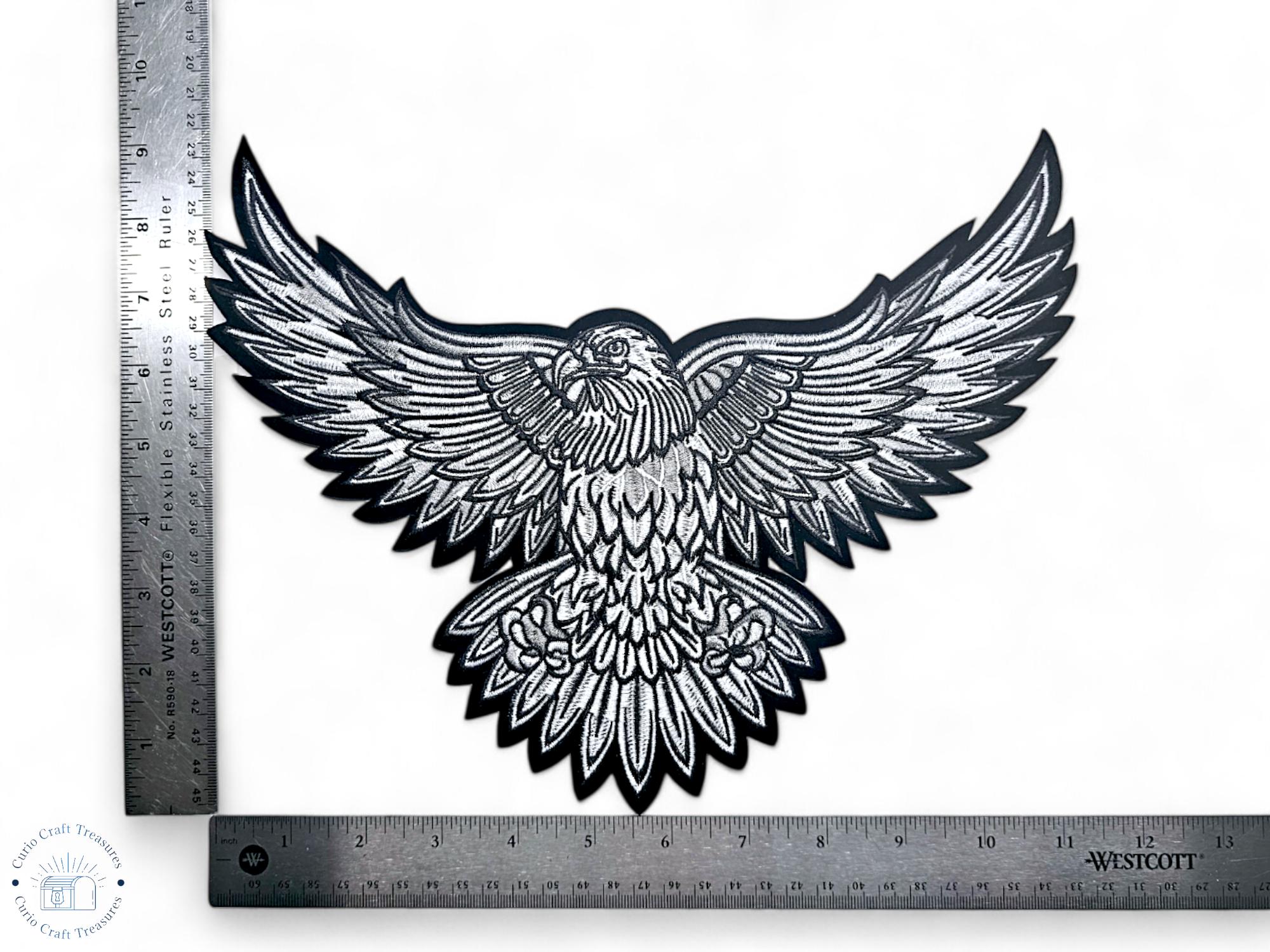 Large, Back, Embroided Patch, Iron on, Glue, Craft supply, Embroidery, Fabric, Eagle, Bald eagle, black, white, gray