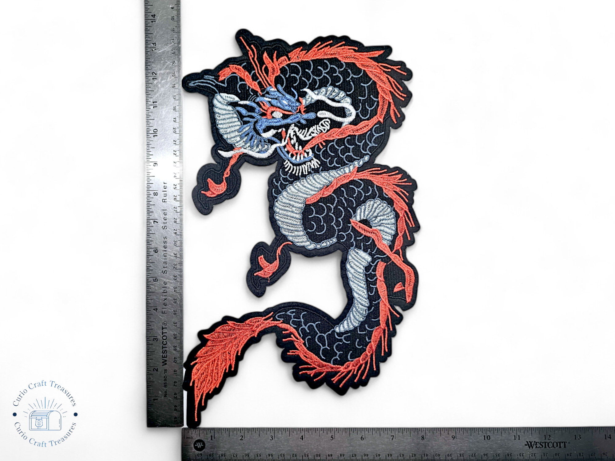Large, Back, Embroided Patch, Iron on, Glue, Craft supply, Embroidery, Fabric, Dragon, asian, Chinese, scales, mythology