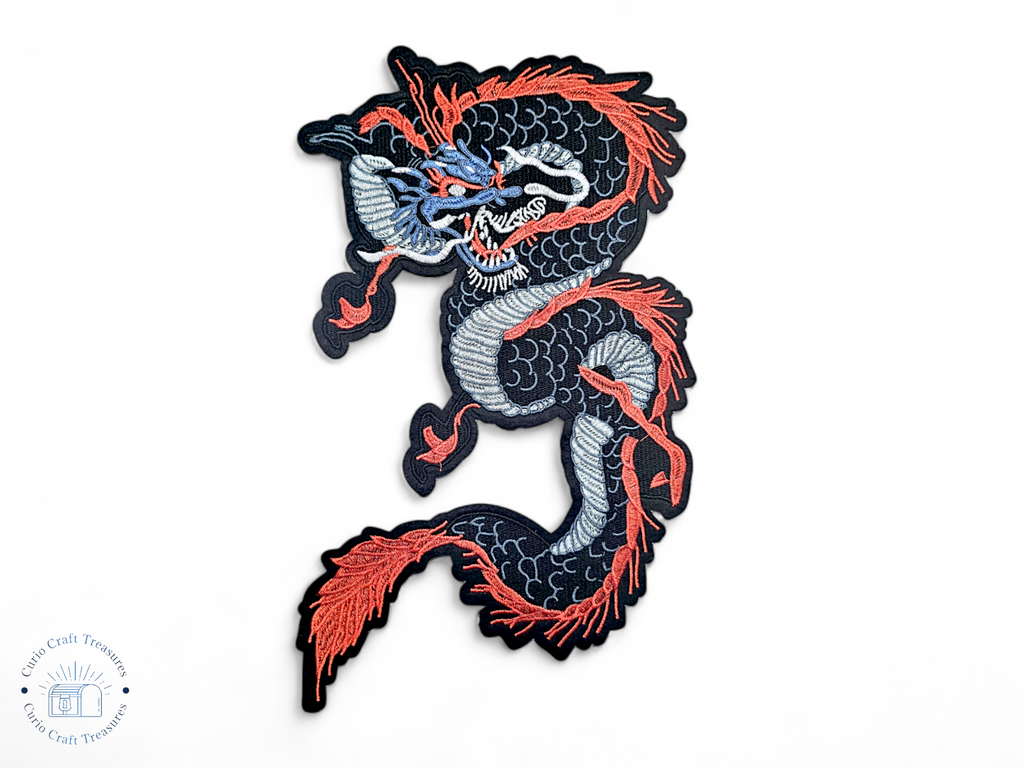 Grand écusson brodé au dos, thermocollant, à coller, pour loisirs créatifs, broderie, tissu, dragon, asiatique, chinois, écailles, mythologie