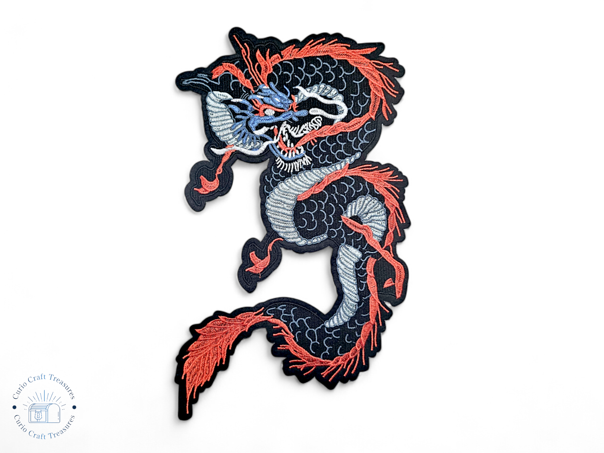 Large, Back, Embroided Patch, Iron on, Glue, Craft supply, Embroidery, Fabric, Dragon, asian, Chinese, scales, mythology