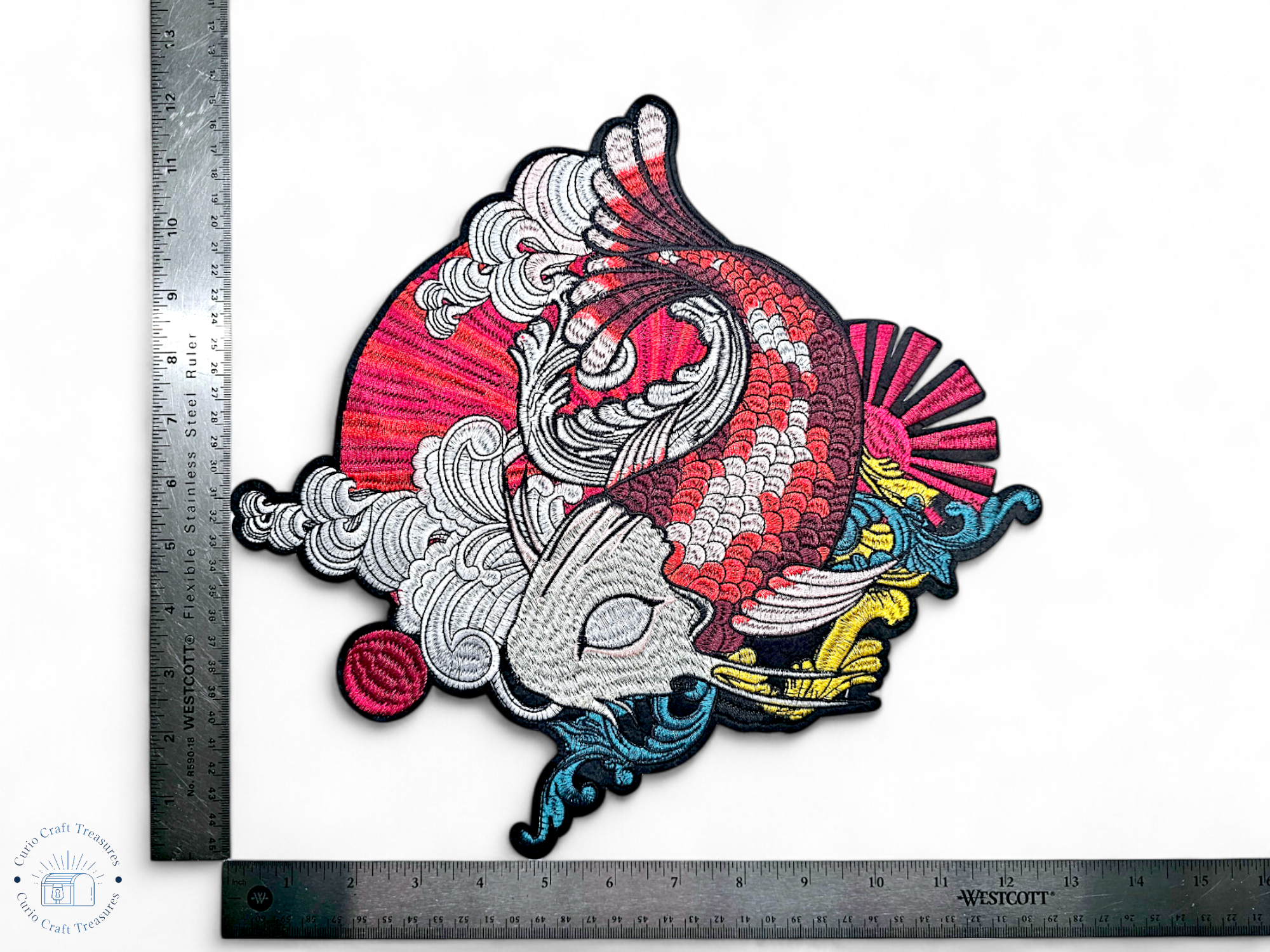 Large, Back, Embroided Patch, Iron on, Glue, Craft supply, Embroidery, Fabric, Fish, Koi, japan, japanese