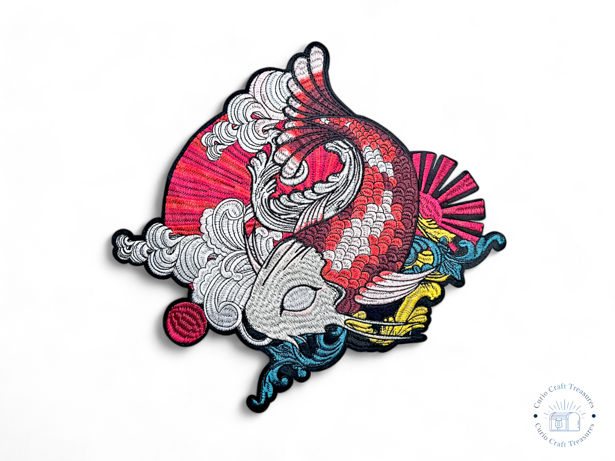 Large, Back, Embroided Patch, Iron on, Glue, Craft supply, Embroidery, Fabric, Fish, Koi, japan, japanese