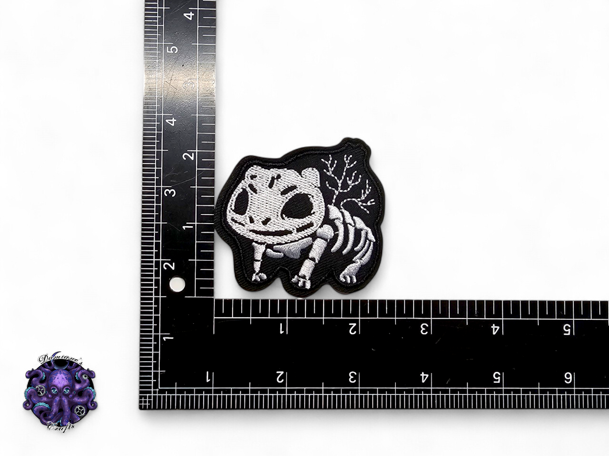 Embroided Patch, Iron on, Glue, Craft supply, Embroidery, Monster, video game, creature, Black, white, turtle, dragon, bulb, skeleton