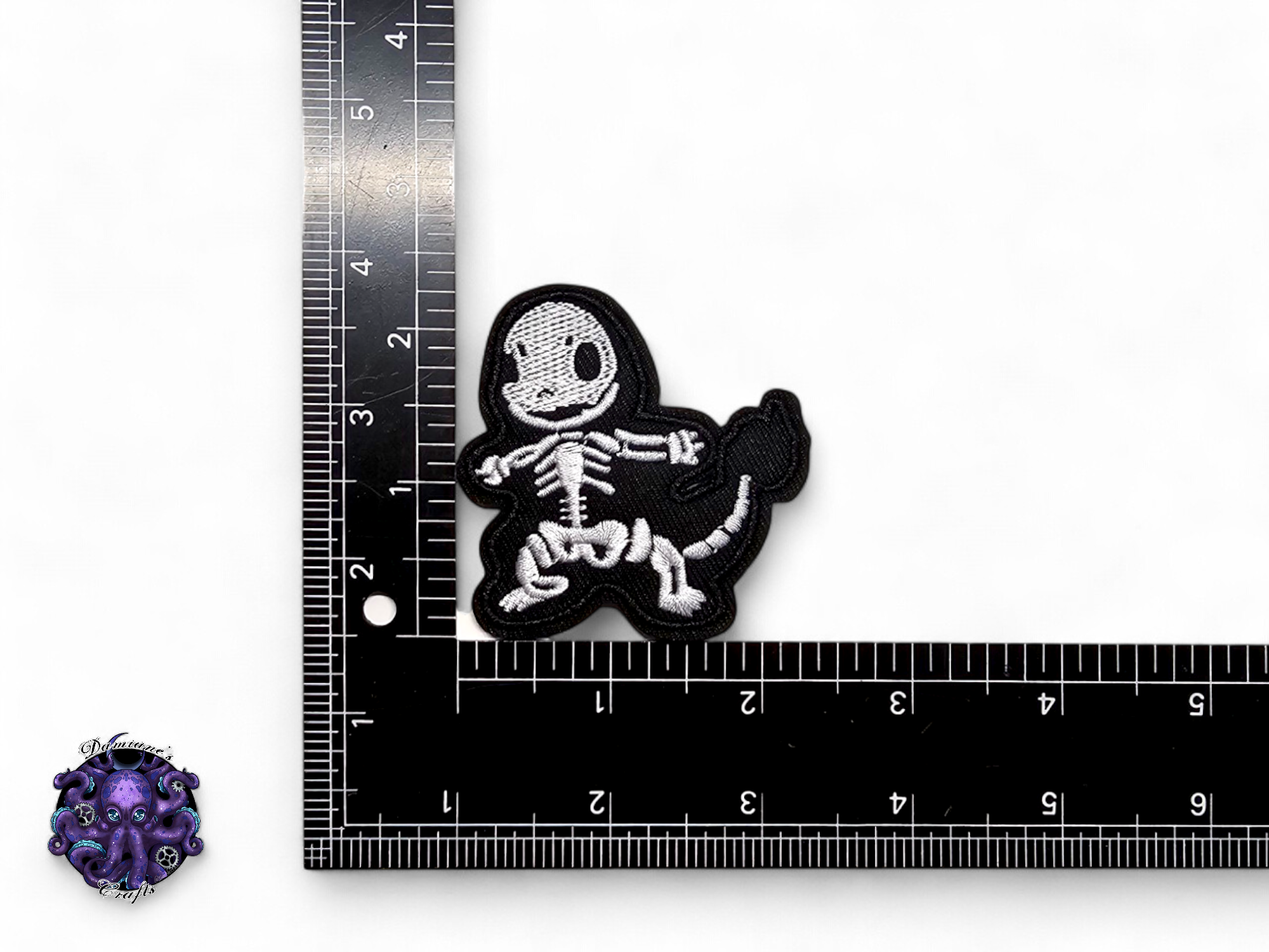 Embroided Patch, Iron on, Glue, Craft supply, Embroidery, Monster, video game, creature, Black, white, turtle, dragon, bulb, skeleton