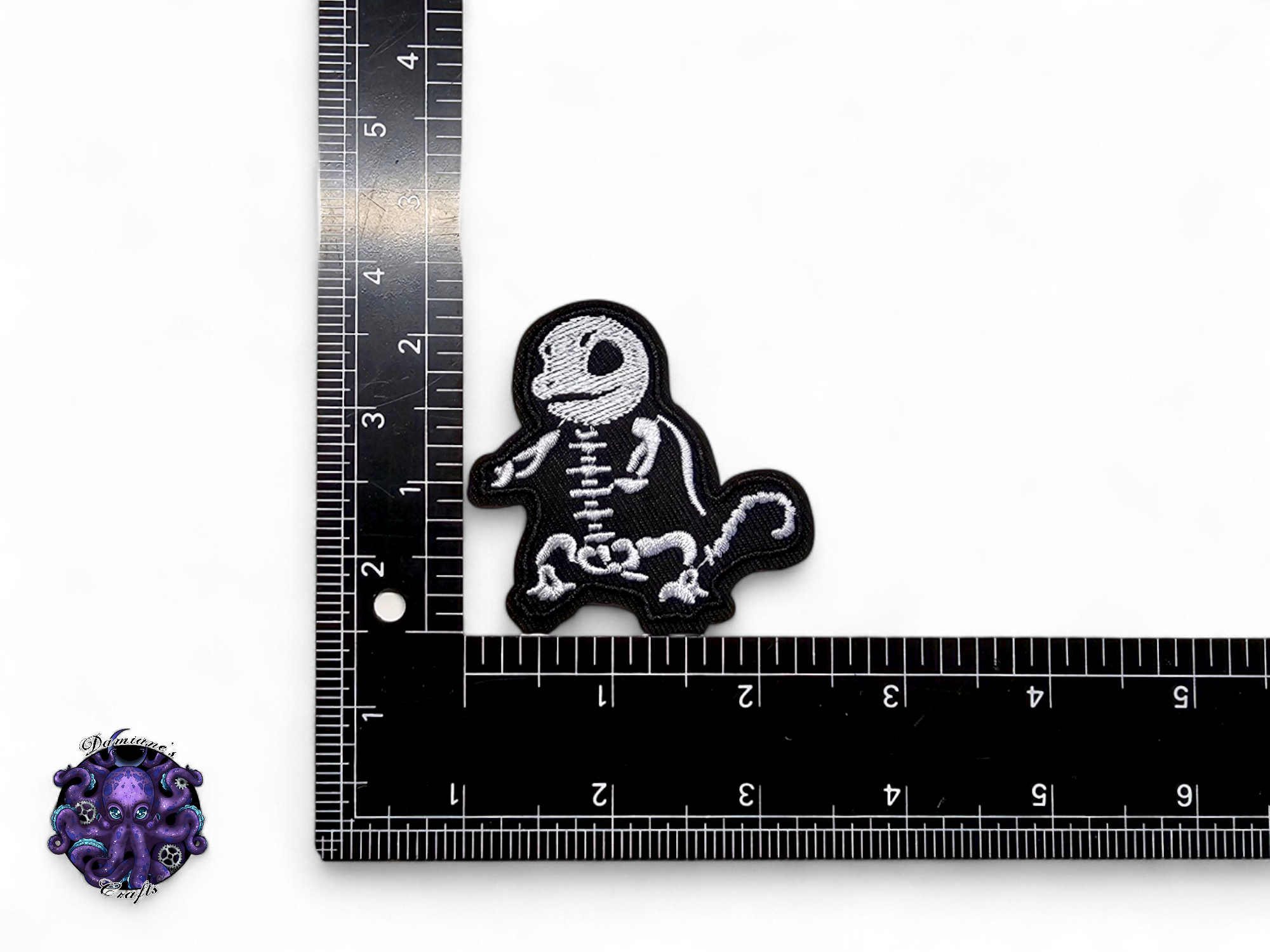 Embroided Patch, Iron on, Glue, Craft supply, Embroidery, Monster, video game, creature, Black, white, turtle, dragon, bulb, skeleton