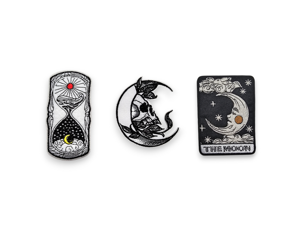 Parche bordado, termoadhesivo, pegamento, material para manualidades, bordado, tela, luna, luna creciente, estrella, nube, calavera, hoja, reloj de arena, sol, tarot, la luna