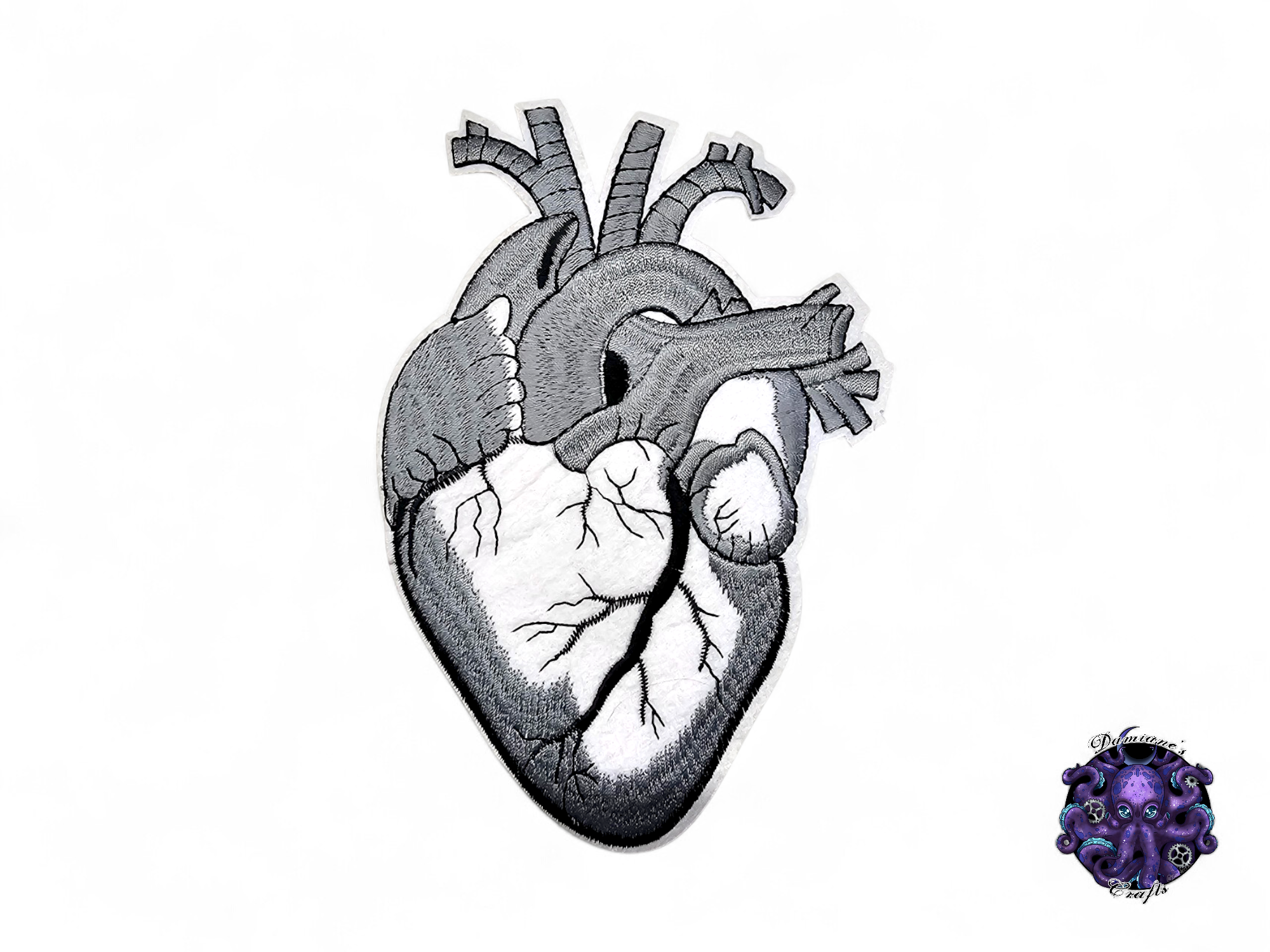 Embroided Patch, Iron on, Glue, Craft supply, Embroidery, Fabric, Heart, anatomic, realistic, red, white, gray