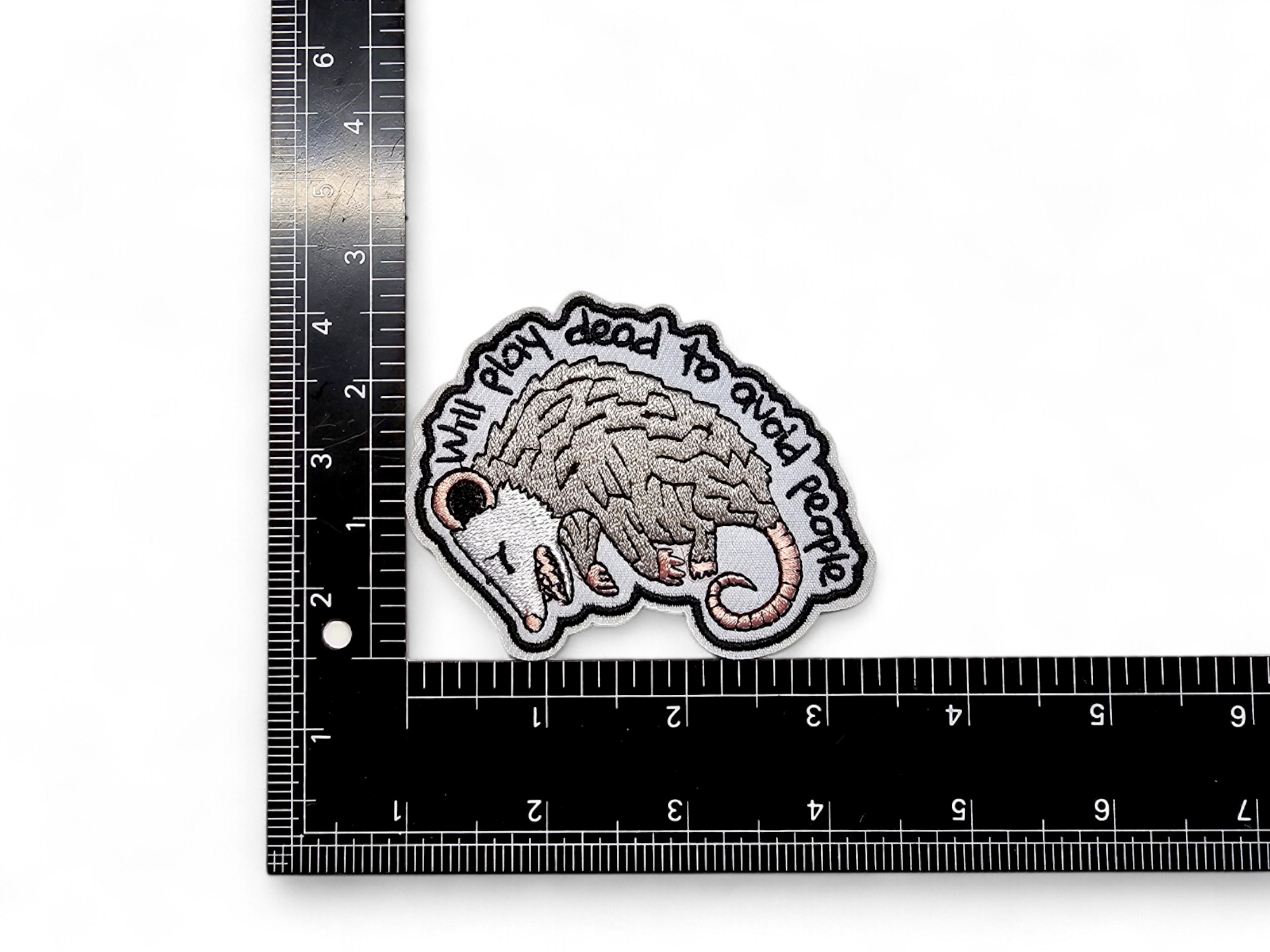 Embroided Patch, Iron on, Glue, Craft supply, Embroidery, Fabric, Raccoon, Possum, Opossum, Garbage, Chaos, Play dead, Eat the rich, Punk, Weird, crazy, trash can, trashy