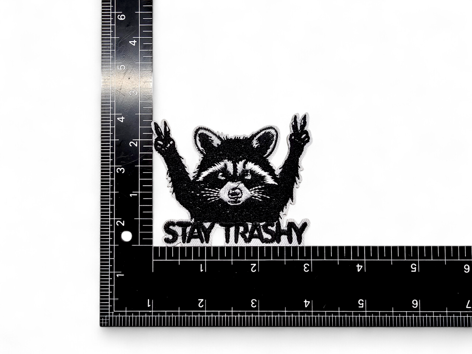 Embroided Patch, Iron on, Glue, Craft supply, Embroidery, Fabric, Raccoon, Possum, Opossum, Garbage, Chaos, Play dead, Eat the rich, Punk, Weird, crazy, trash can, trashy