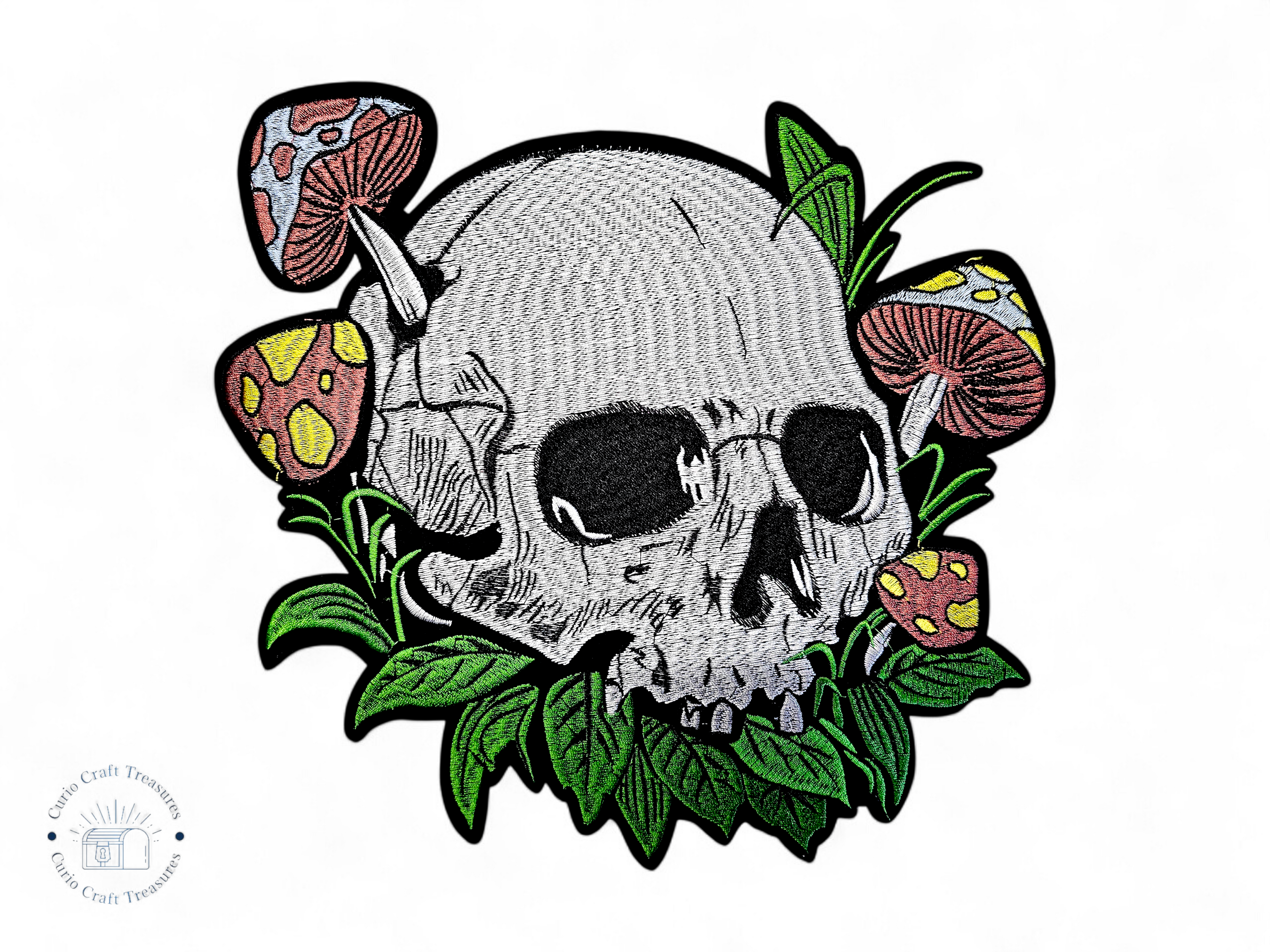 Large, Back, Embroided Patch, Iron on, Glue, Craft supply, Embroidery, Fabric, Skull, mushroom, colorful