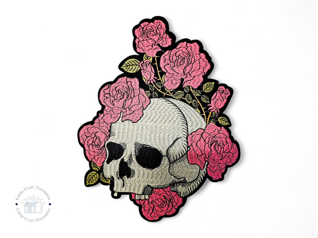 Large, Back, Embroided Patch, Iron on, Glue, Craft supply, Embroidery, Fabric, Skull, Rose, flower, floral, colorful