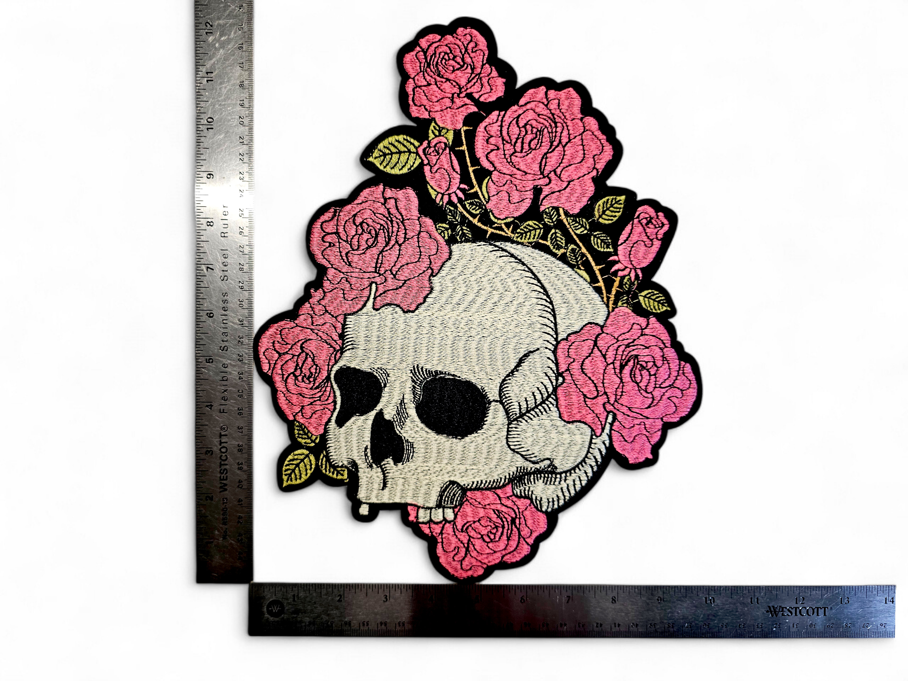 Large, Back, Embroided Patch, Iron on, Glue, Craft supply, Embroidery, Fabric, Skull, Rose, flower, floral, colorful