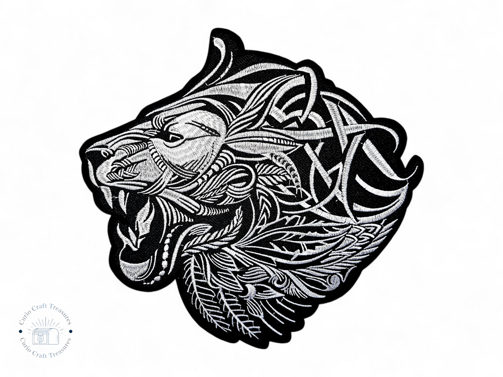 Large, Back, Embroided Patch, Iron on, Glue, Craft supply, Embroidery, Fabric, Cat, animal, Lion, celtic, native, africa, black, white