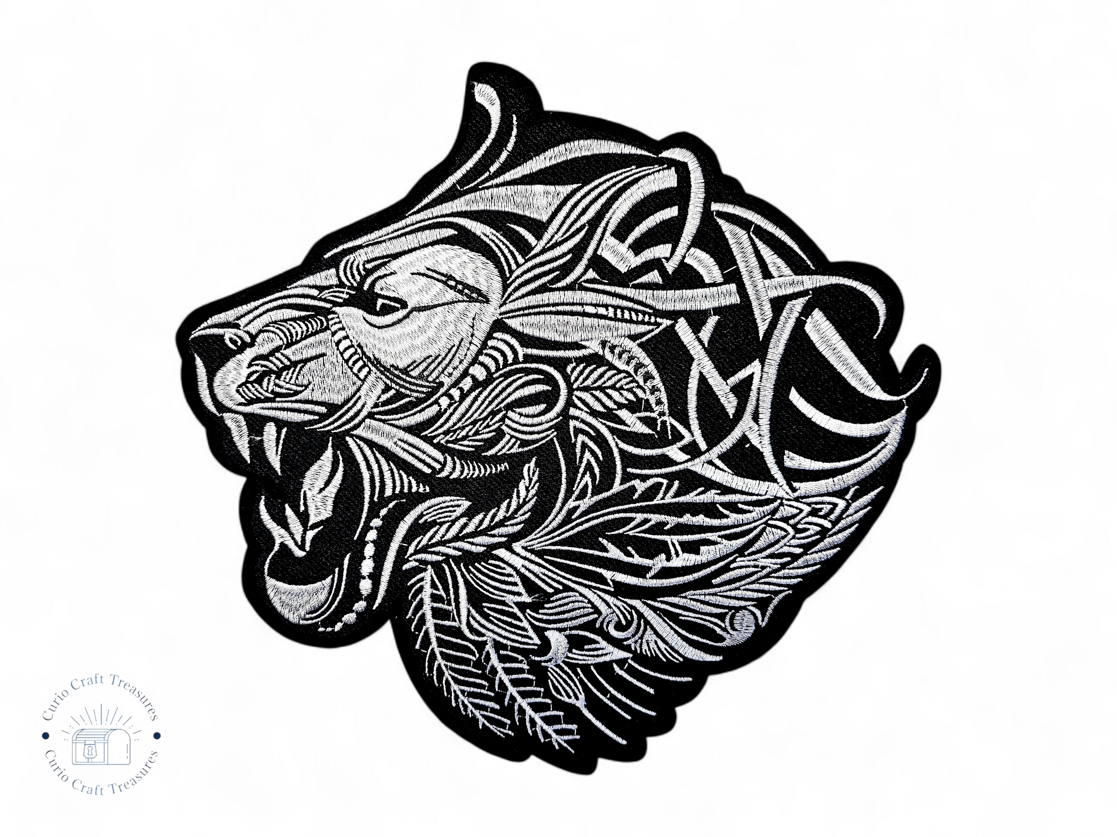 Large, Back, Embroided Patch, Iron on, Glue, Craft supply, Embroidery, Fabric, Cat, animal, Lion, celtic, native, africa, black, white