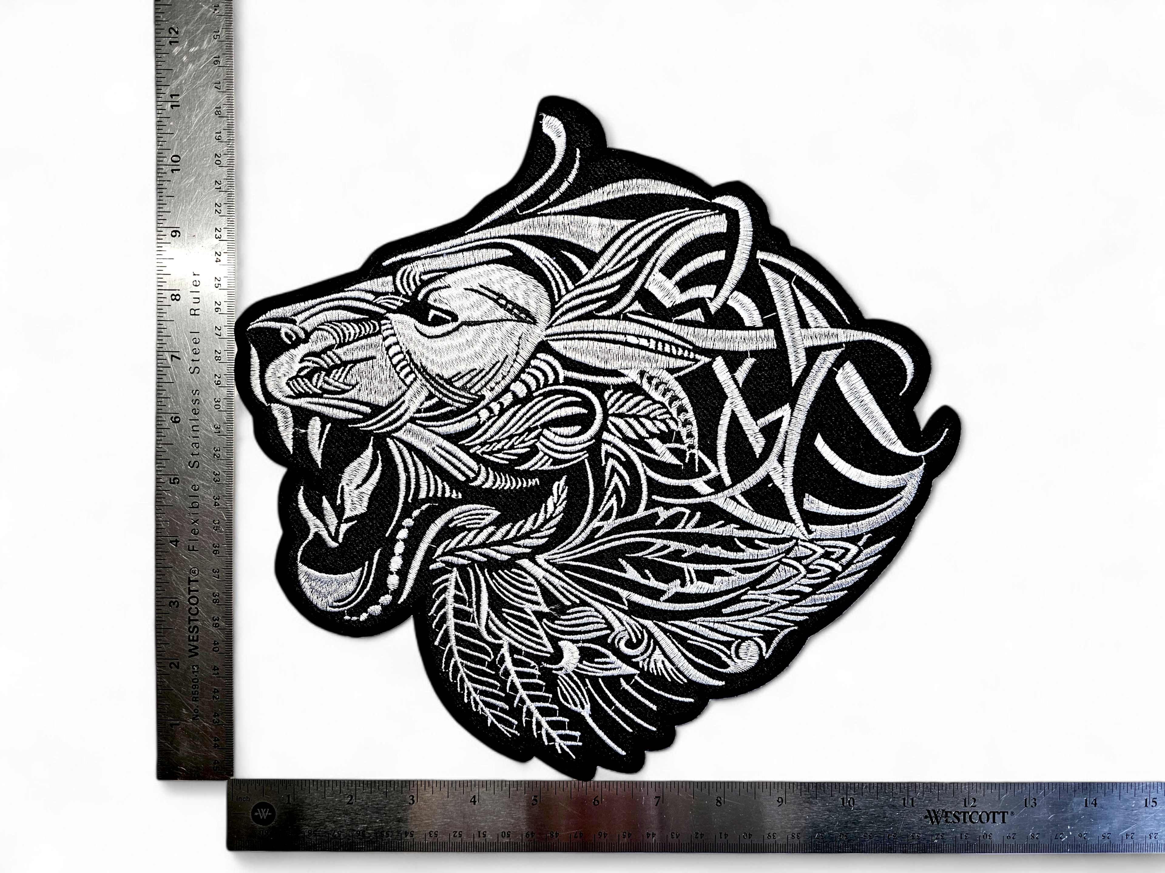 Large, Back, Embroided Patch, Iron on, Glue, Craft supply, Embroidery, Fabric, Cat, animal, Lion, celtic, native, africa, black, white