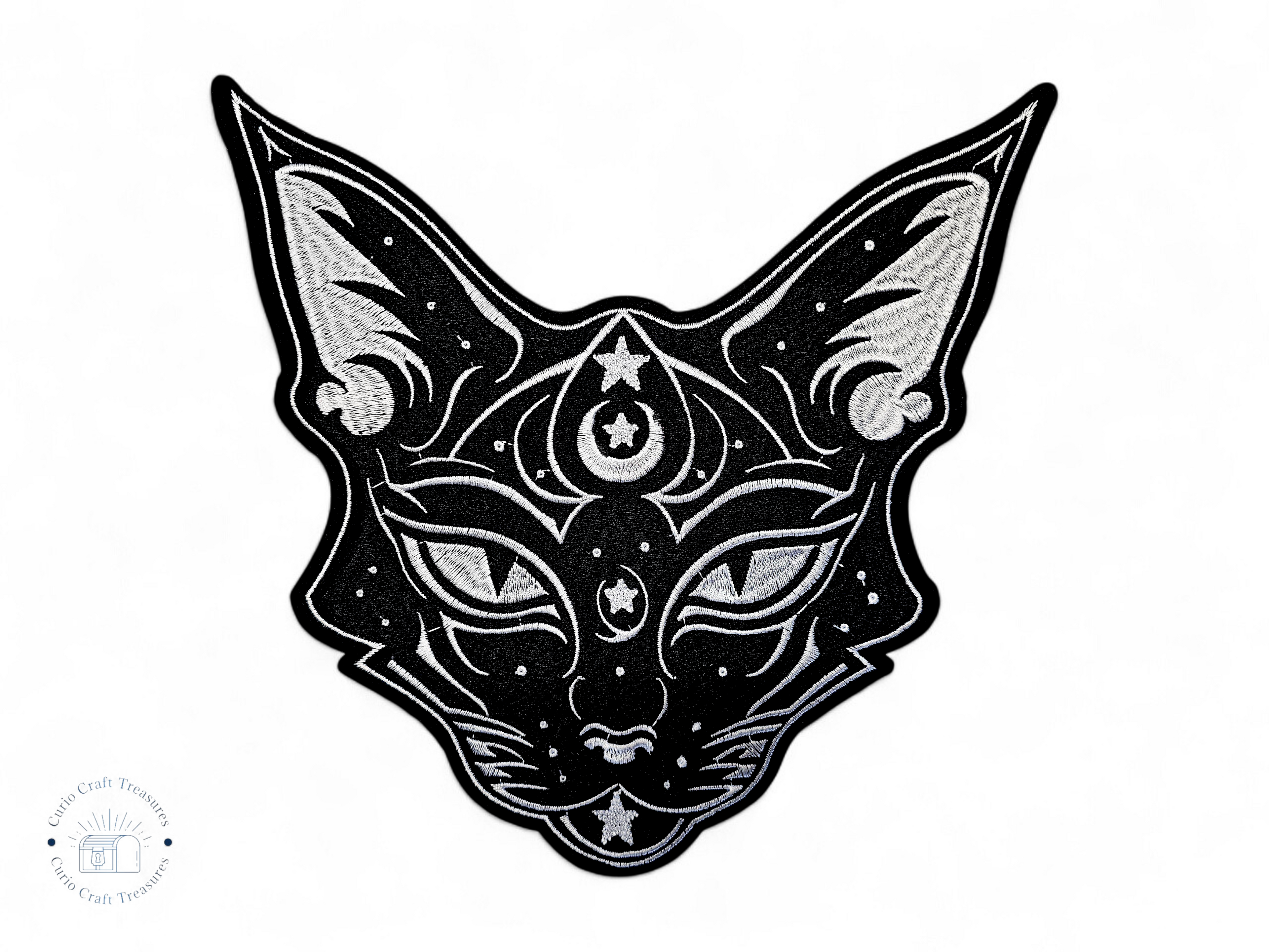 Large, Back, Embroided Patch, Iron on, Glue, Craft supply, Embroidery, Fabric, Cat, Egyptian, siamese, rex, animal, witch, witchy, companion, familiar, moon, black, white