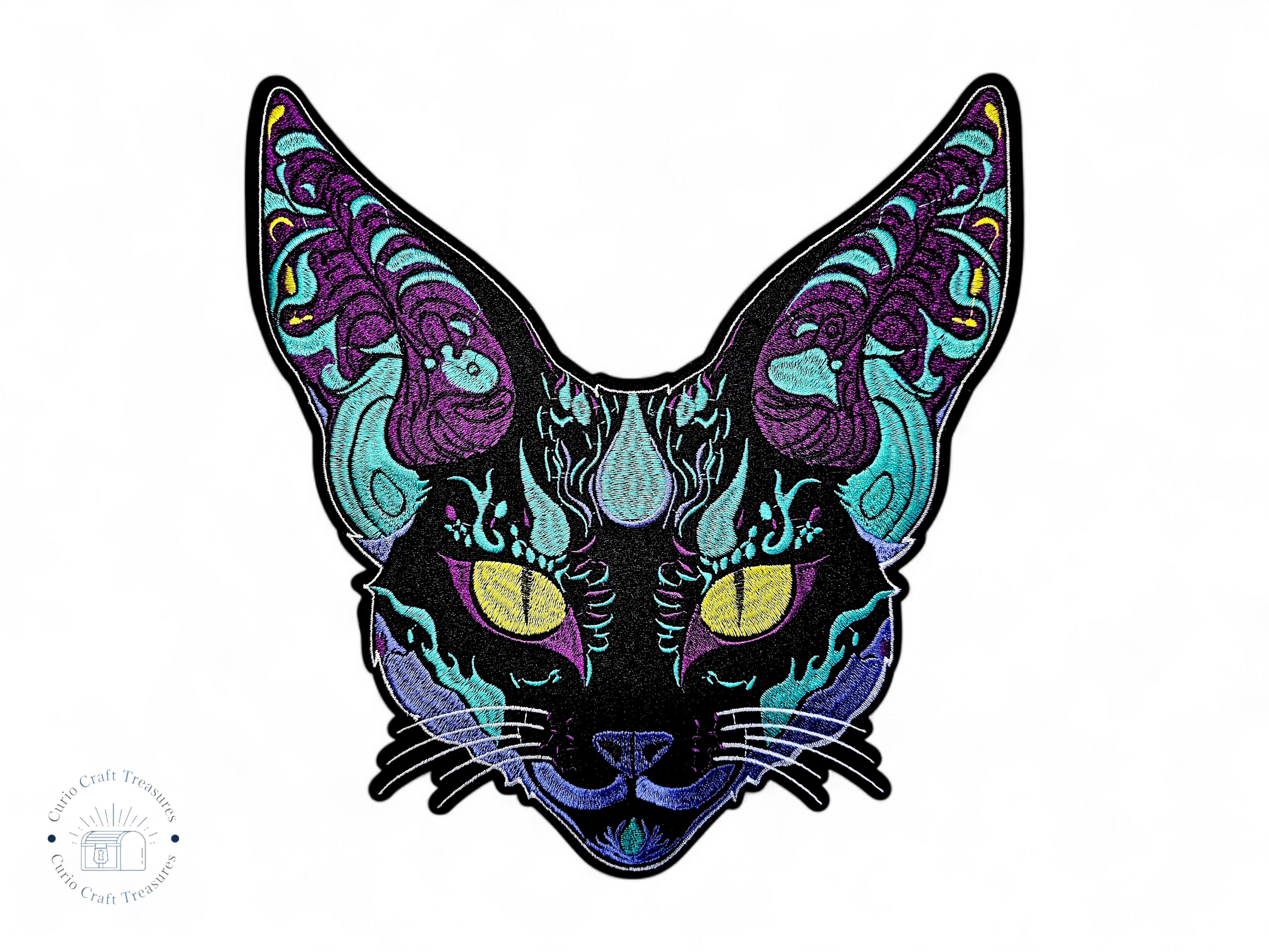 Large, Back, Embroided Patch, Iron on, Glue, Craft supply, Embroidery, Fabric, Cat, Egyptian, colorful, siamese, rex, animal, witch, witchy, companion, familiar
