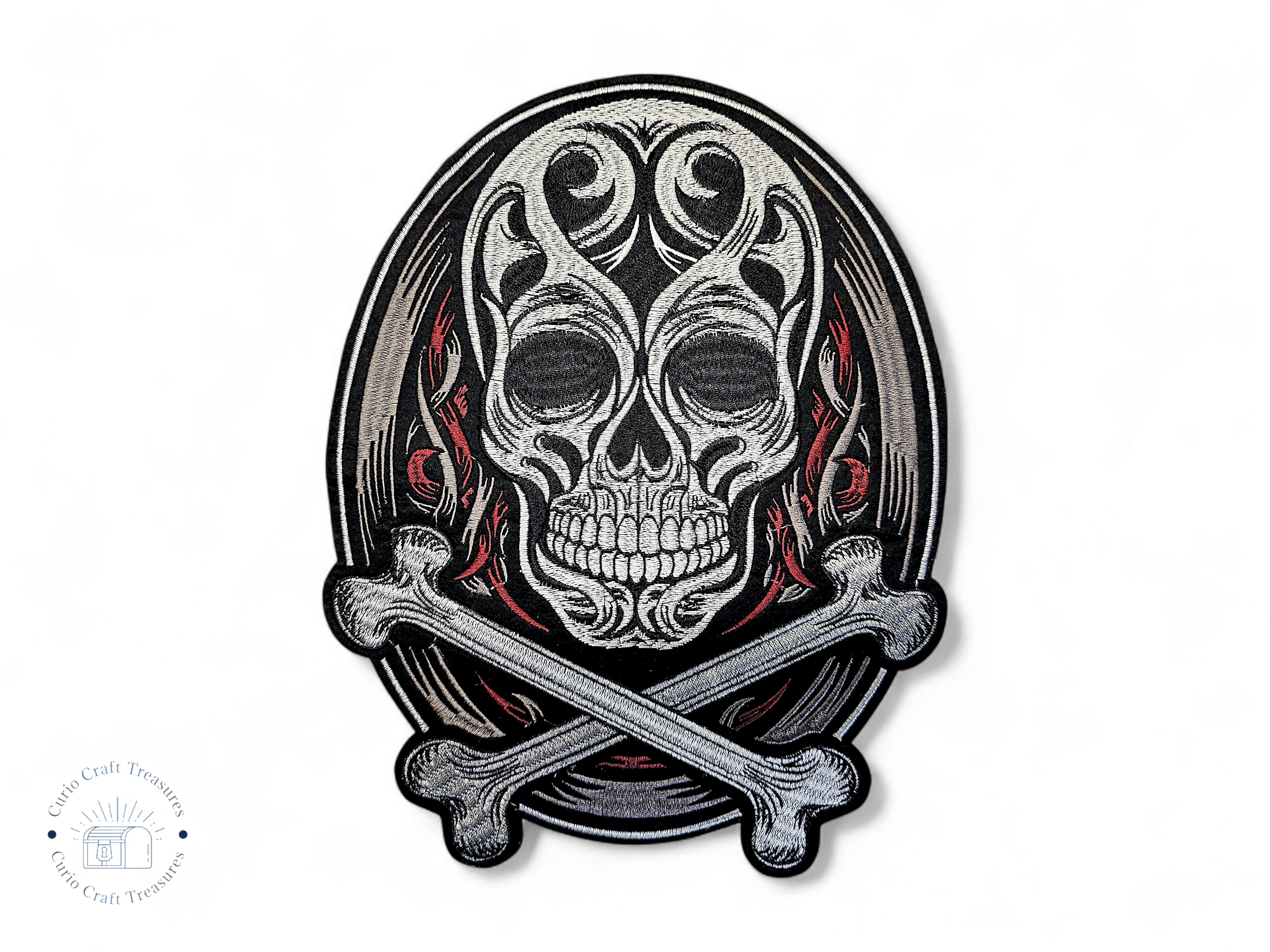 Large, Back, Embroided Patch, Iron on, Glue, Craft supply, Embroidery, Fabric, Skull, bones, pirate, tribal