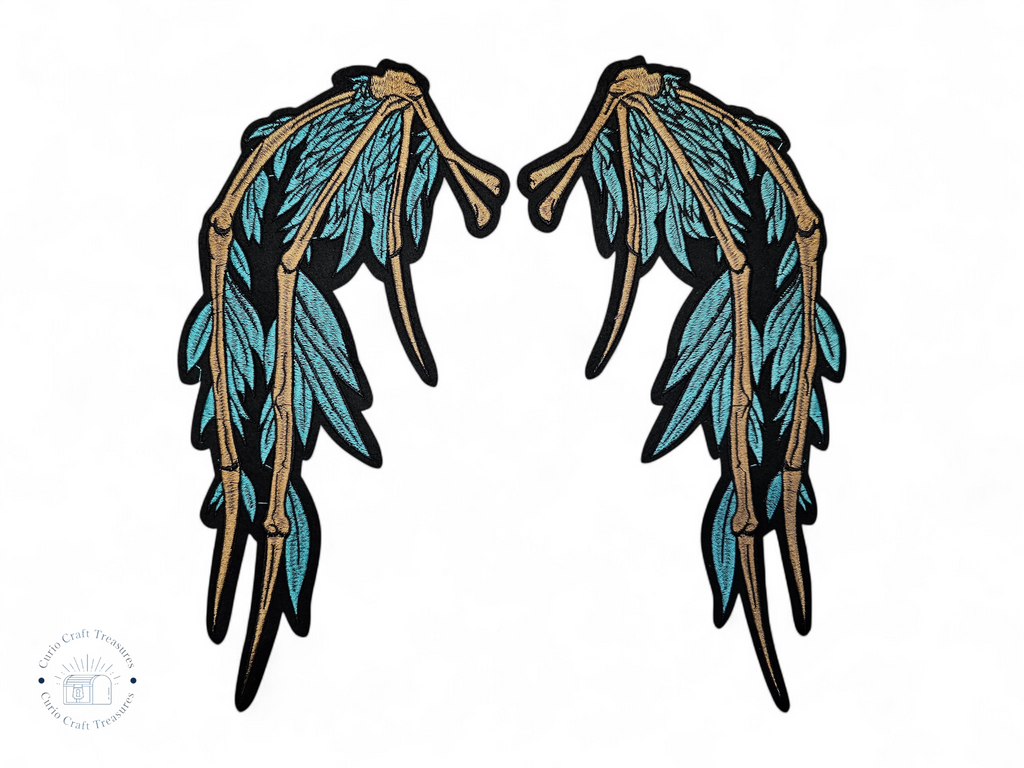 Large, Back, Embroided Patch, Iron on, Glue, Craft supply, Embroidery, Fabric, Wings, Bones, death