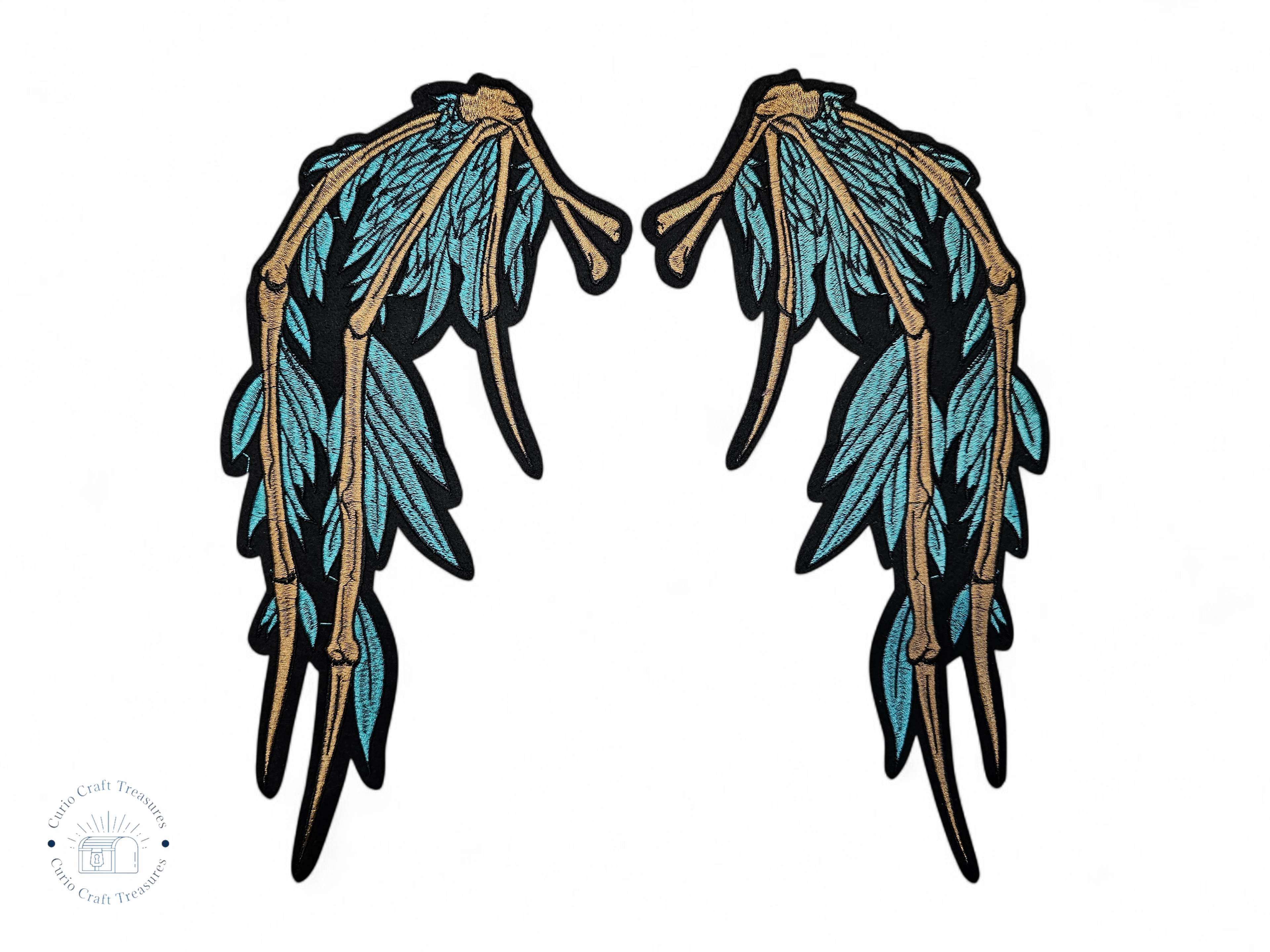 Large, Back, Embroided Patch, Iron on, Glue, Craft supply, Embroidery, Fabric, Wings, Bones, death