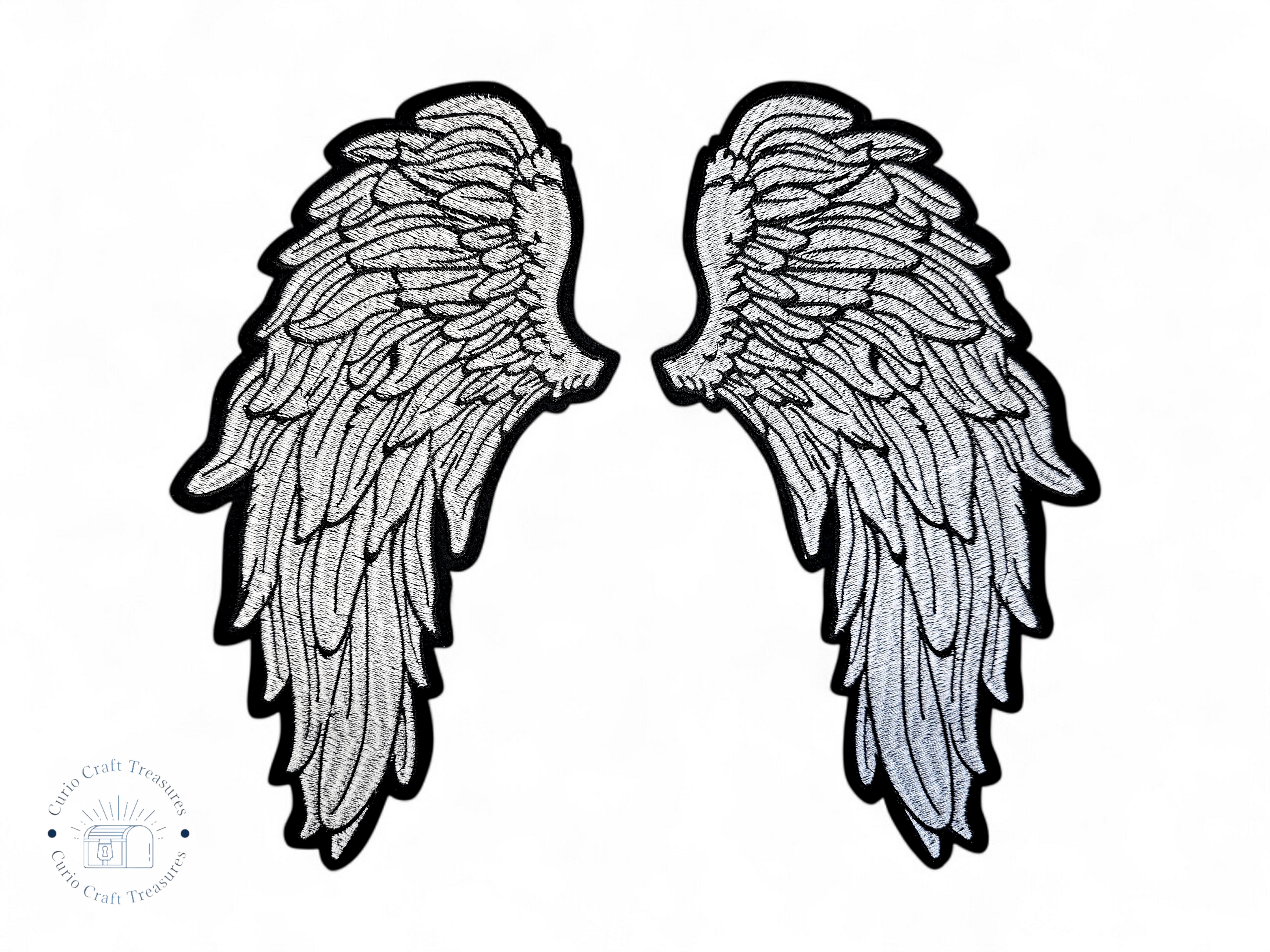 Large, Back, Embroided Patch, Iron on, Glue, Craft supply, Embroidery, Fabric, Wings, feather, angel