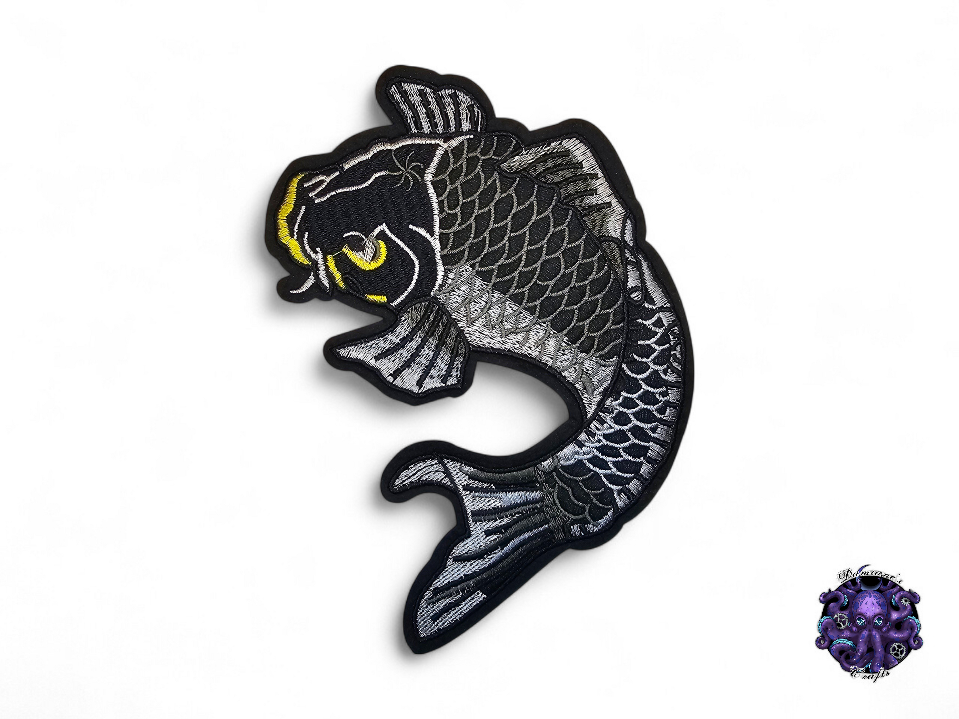 Medium, Embroided Patch, Iron on, Glue, Craft supply, Embroidery, Fabric, Fish, Koi, Gray, japan, japanese