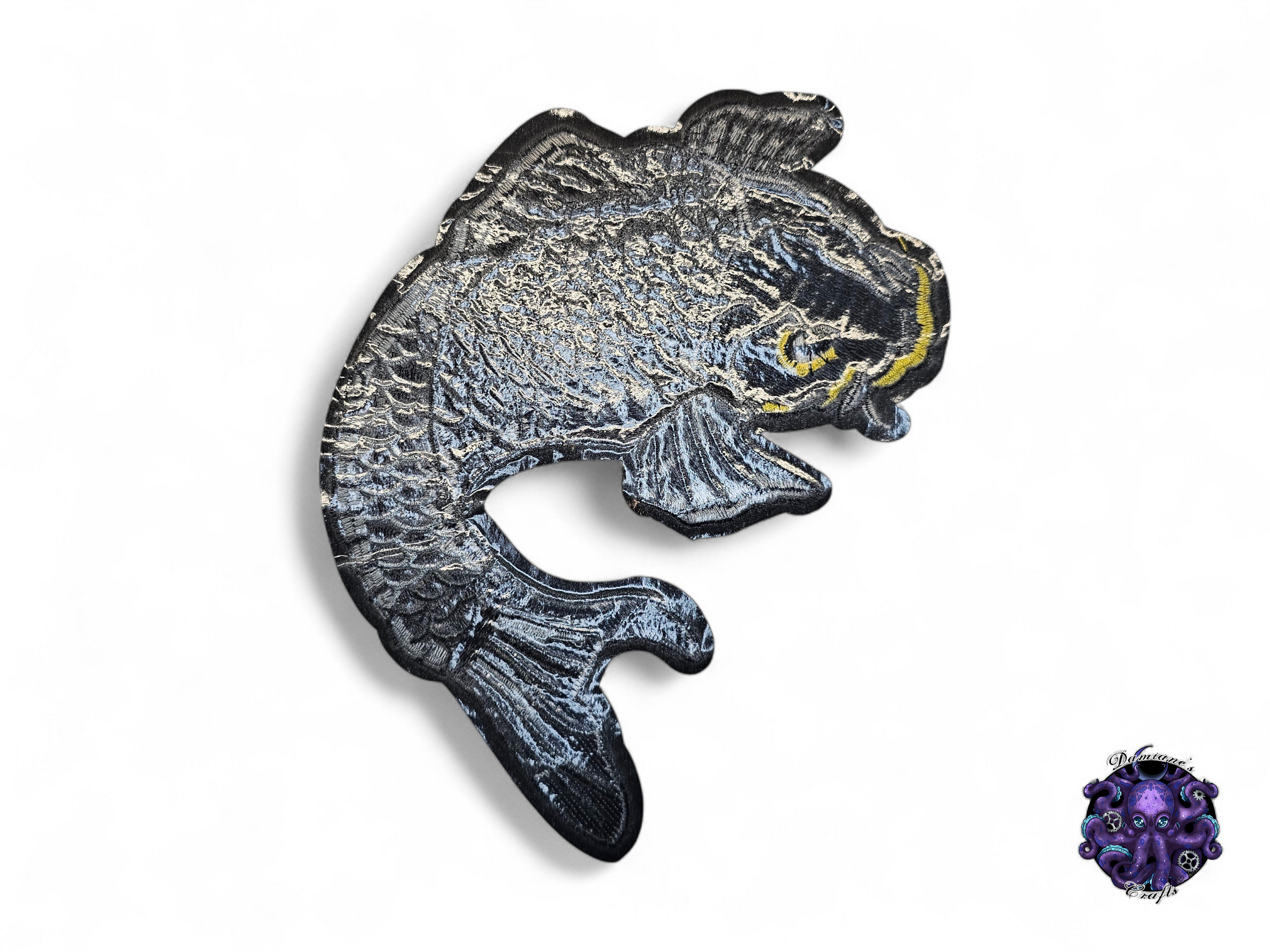 Medium, Embroided Patch, Iron on, Glue, Craft supply, Embroidery, Fabric, Fish, Koi, Gray, japan, japanese