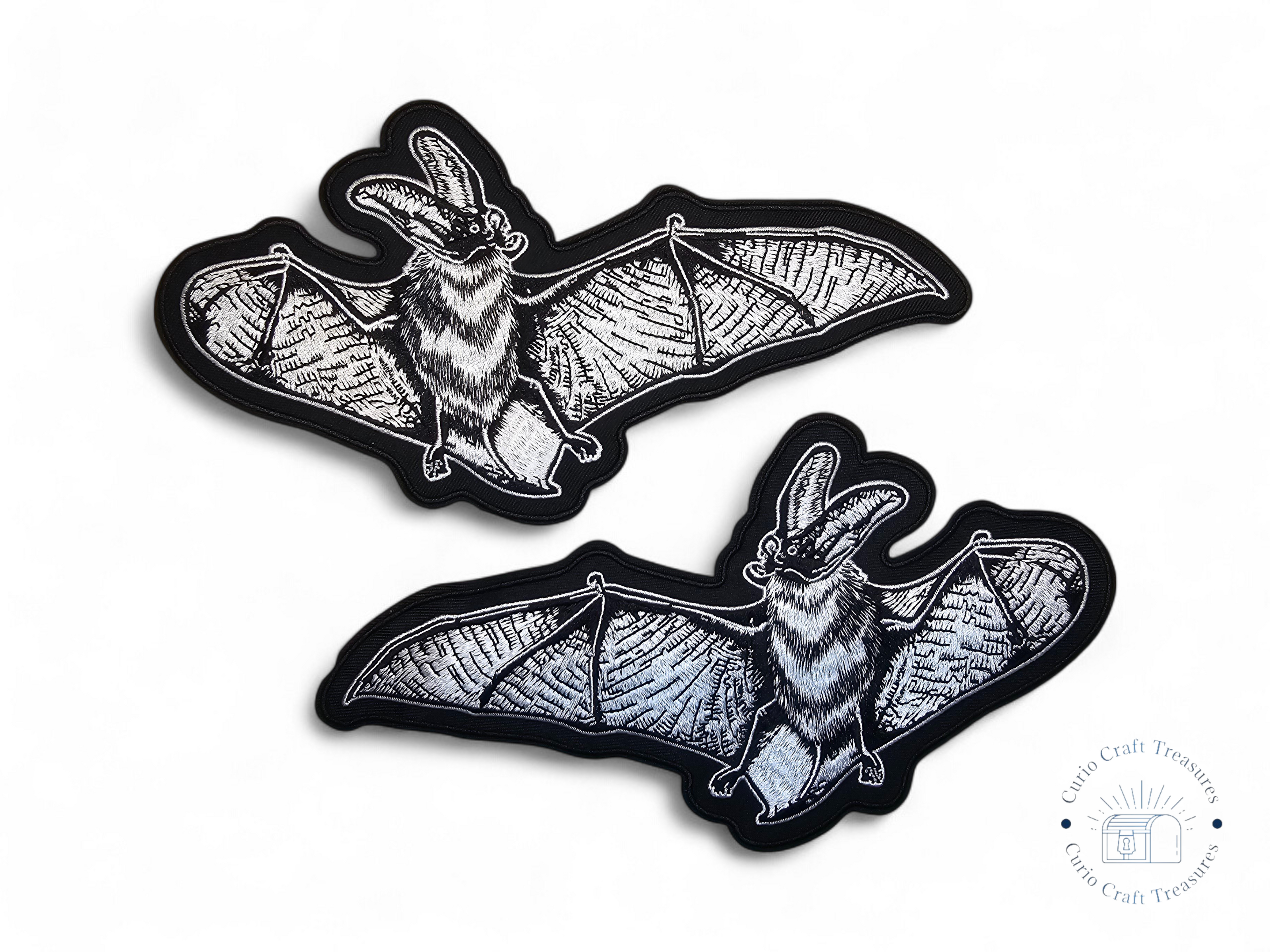Medium, Embroided Patch, Iron on, Glue, Craft supply, Embroidery, Fabric, Bat, realistic, animal, gothic, black, white, vampire