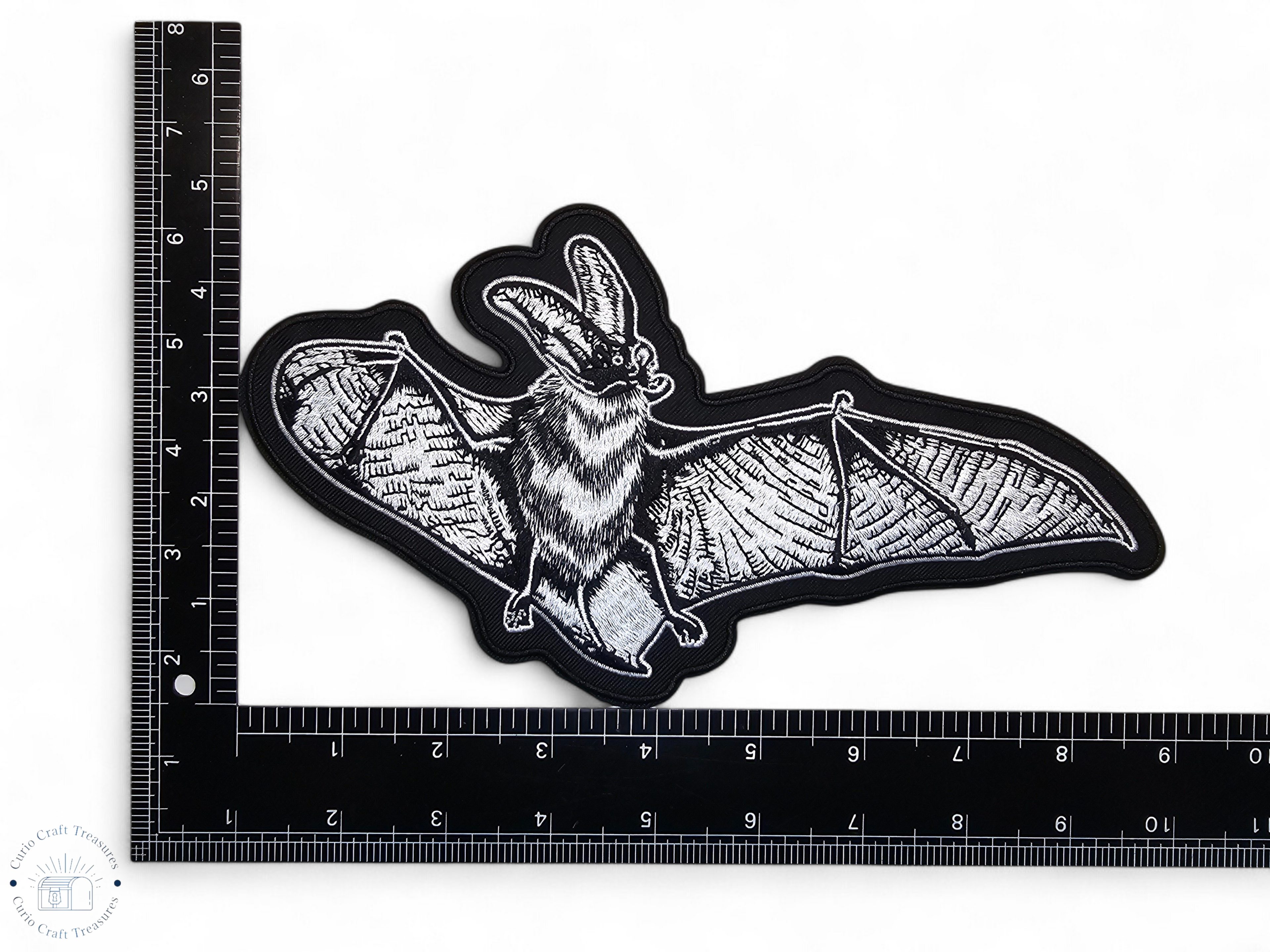 Medium, Embroided Patch, Iron on, Glue, Craft supply, Embroidery, Fabric, Bat, realistic, animal, gothic, black, white, vampire