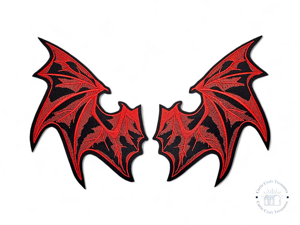 Écusson brodé moyen, paire, thermocollant, colle, fournitures de loisirs créatifs, broderie, tissu, chauve-souris, ailes, rouge, noir, gothique, vampire