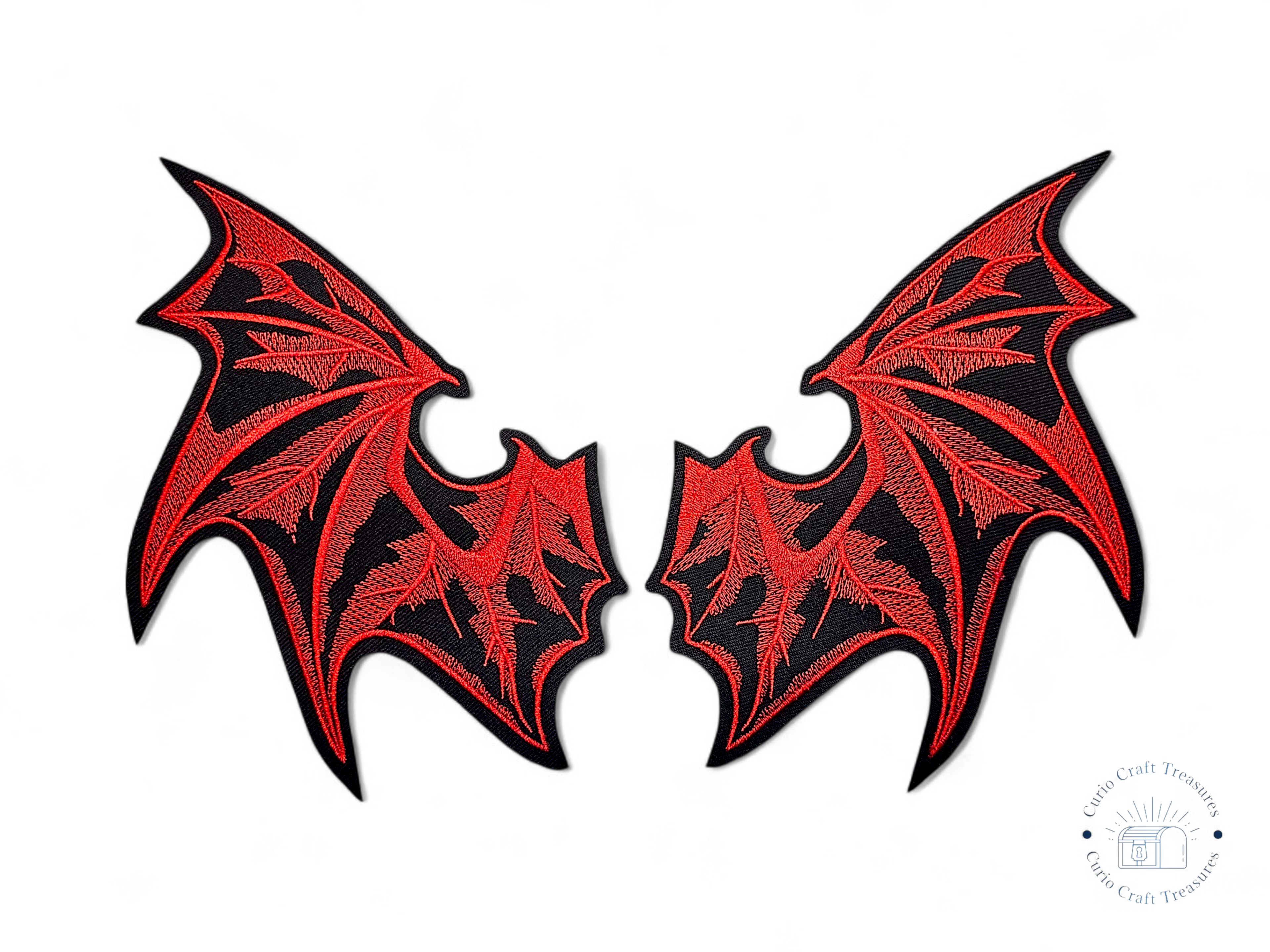 Medium, Pair, Embroided Patch, Iron on, Glue, Craft supply, Embroidery, Fabric, Bat, wings, Red, Black, Gothic, Vampire