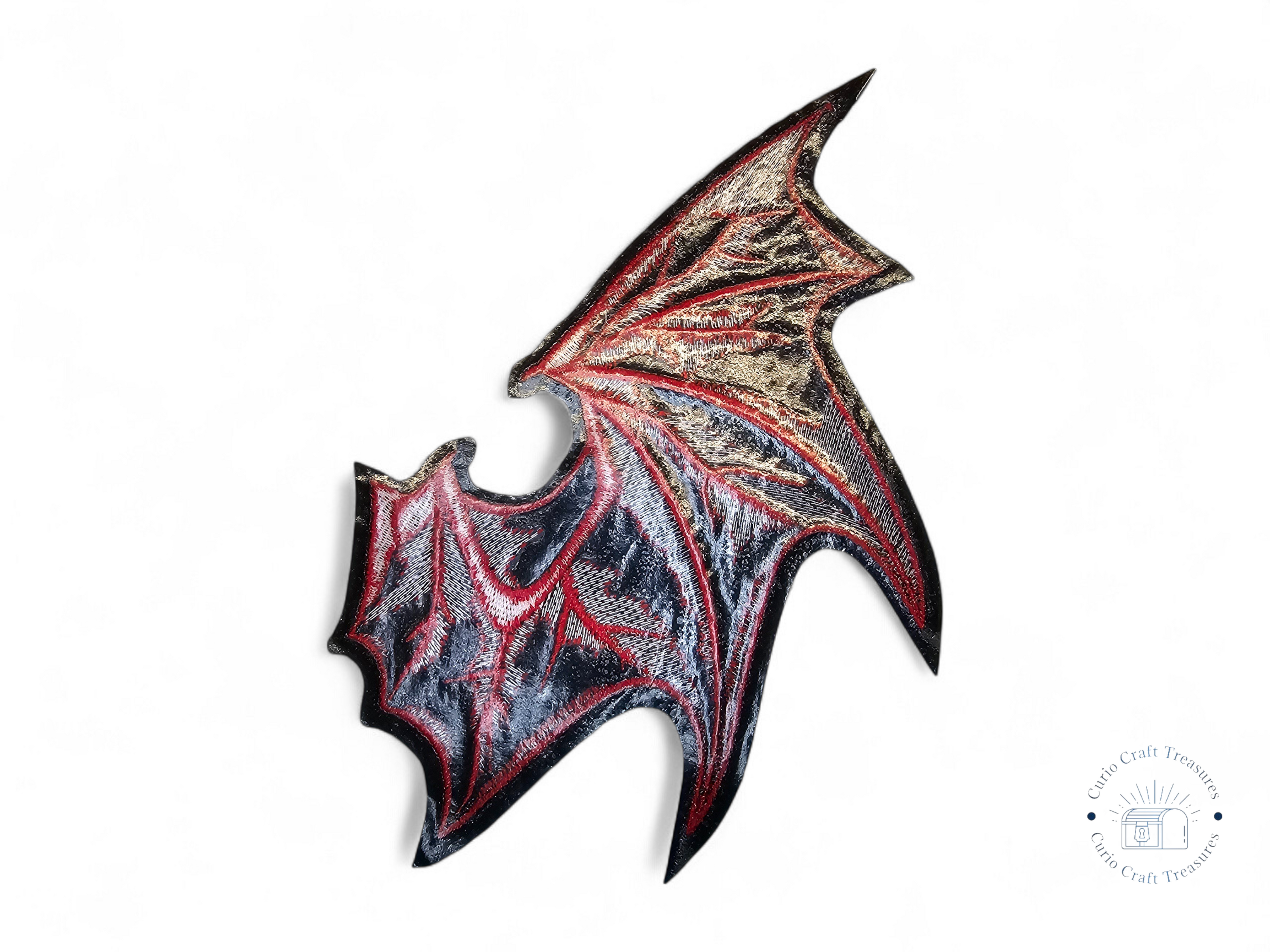 Medium, Pair, Embroided Patch, Iron on, Glue, Craft supply, Embroidery, Fabric, Bat, wings, Red, Black, Gothic, Vampire