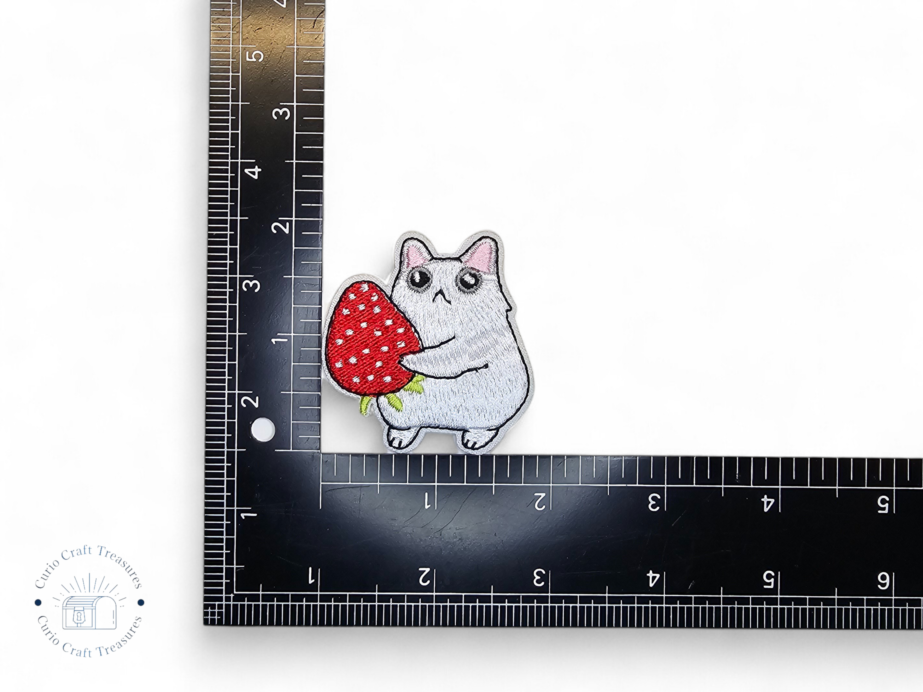 Embroided Patch, Iron on, Glue, Craft supply, Embroidery, Fabric, Cat, cute, animal, white, strawberry, flower, cherry