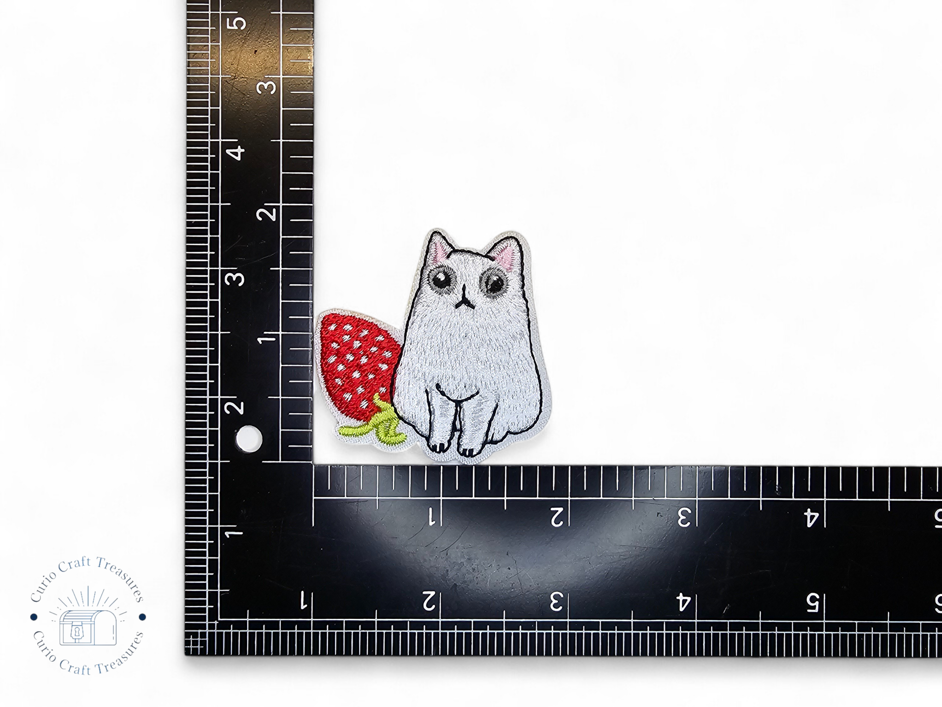 Embroided Patch, Iron on, Glue, Craft supply, Embroidery, Fabric, Cat, cute, animal, white, strawberry, flower, cherry