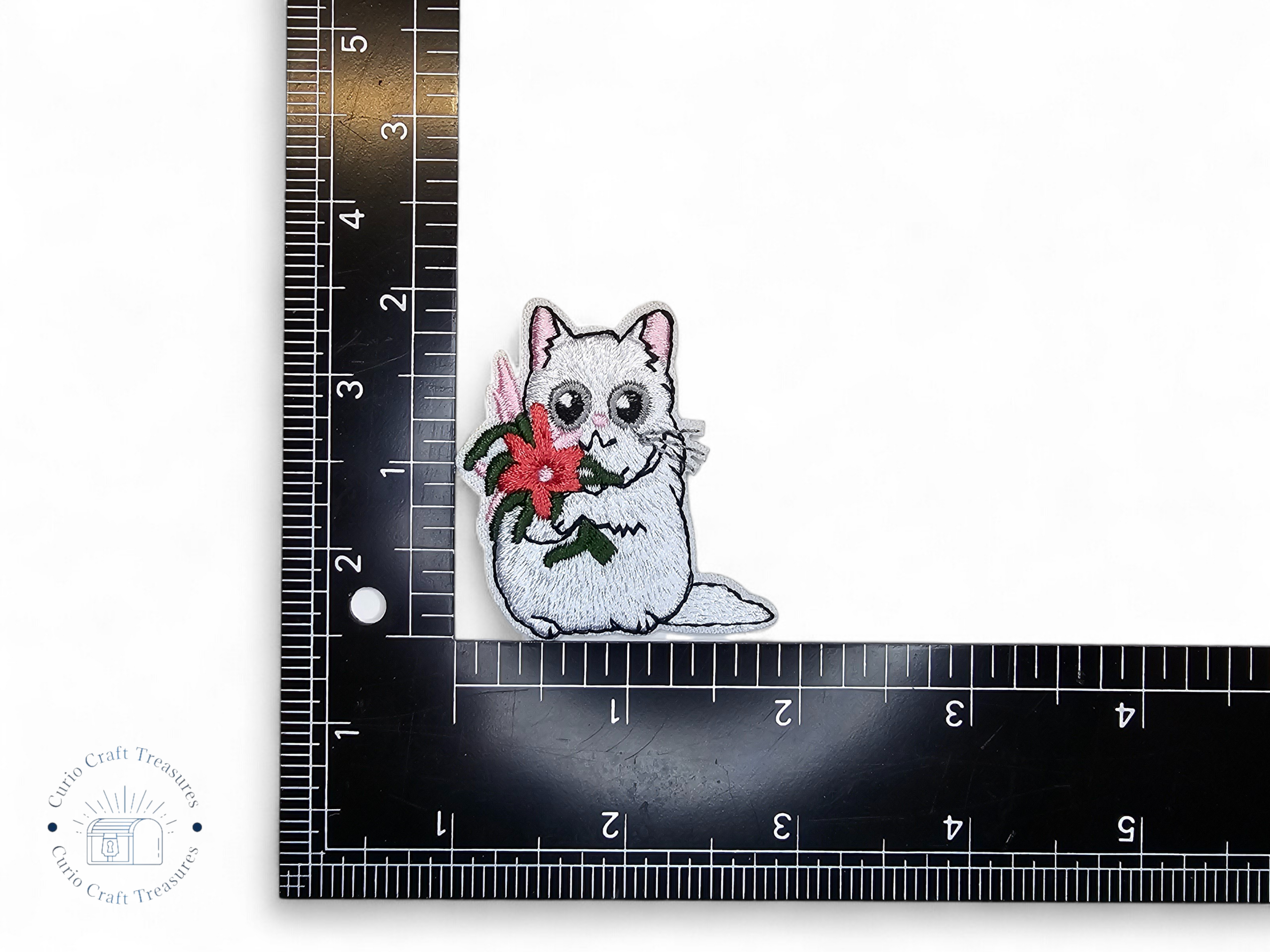 Embroided Patch, Iron on, Glue, Craft supply, Embroidery, Fabric, Cat, cute, animal, white, strawberry, flower, cherry